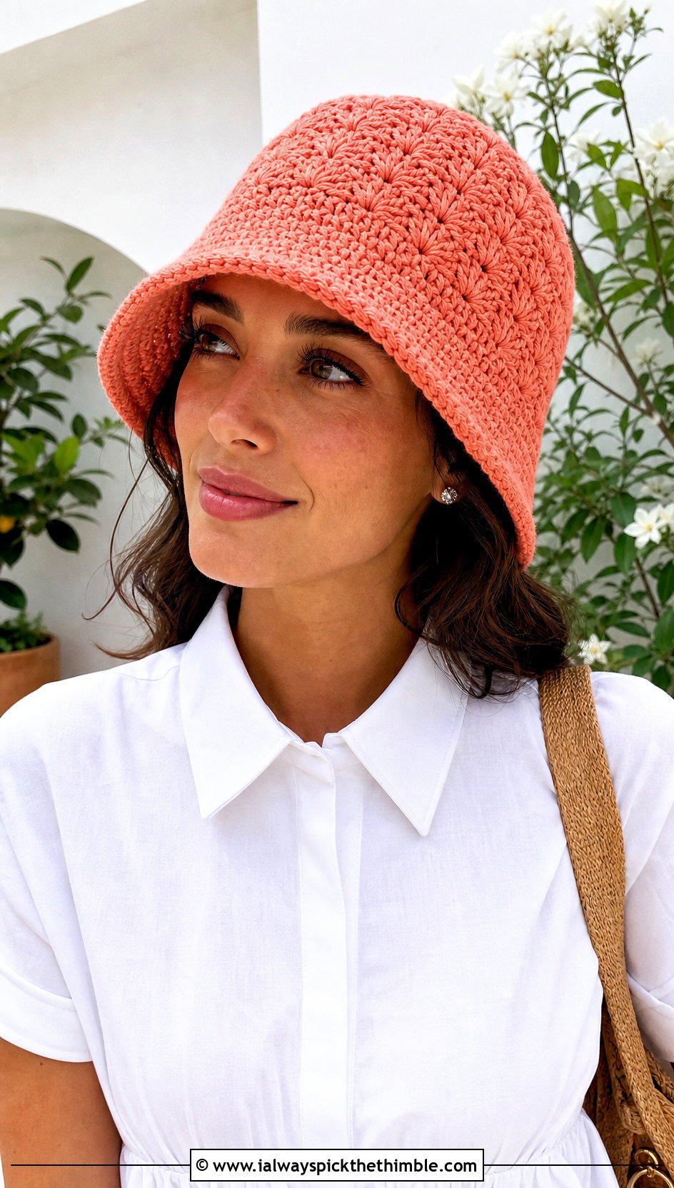 Shell Stitch Crochet Bucket Hat With Poplin Dress - 25 crochet bucket hat outfit ideas