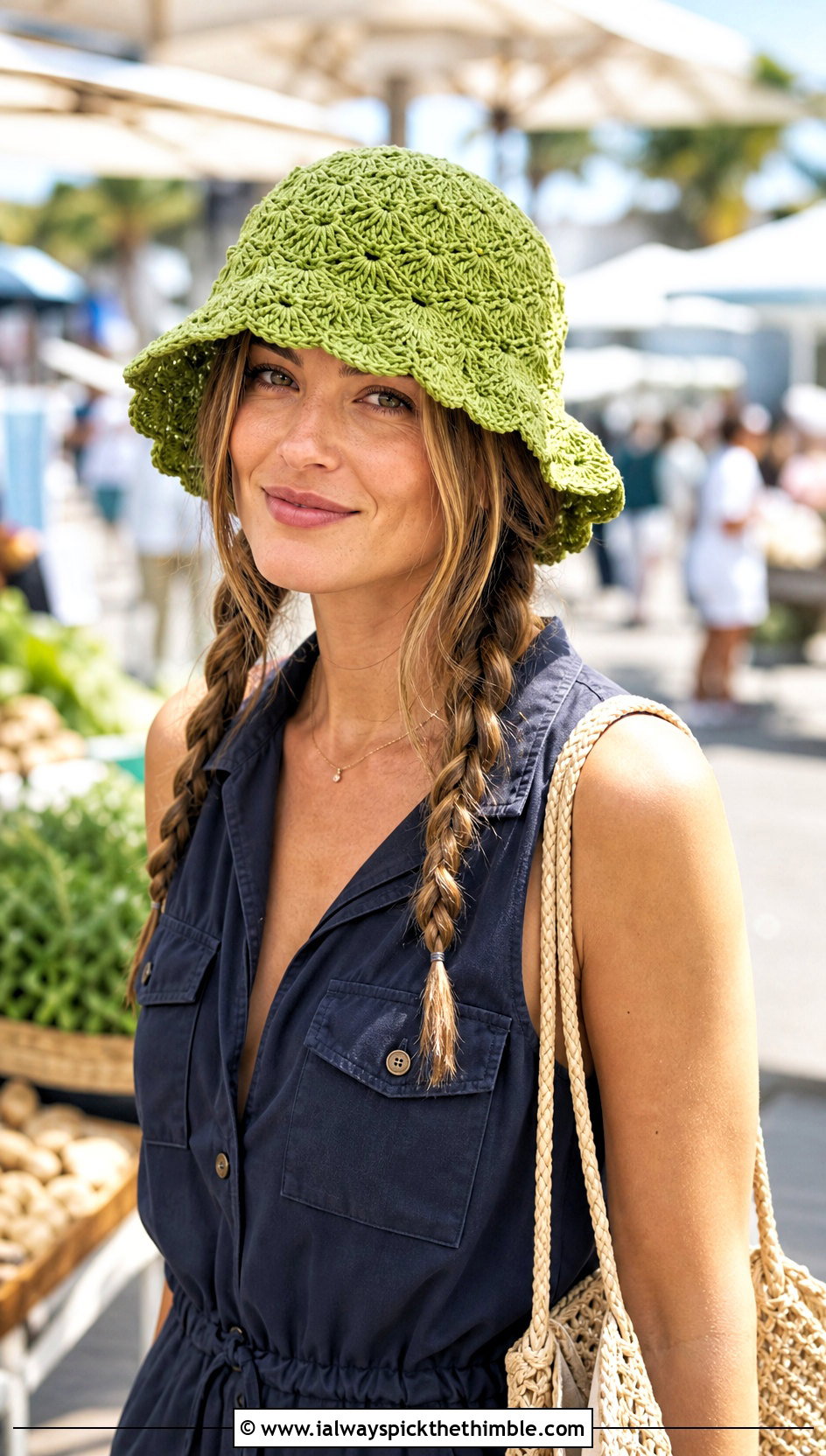 Shell Stitch Crochet Bucket Hat With Romper And Sandals - 25 summer crochet hat outfit ideas