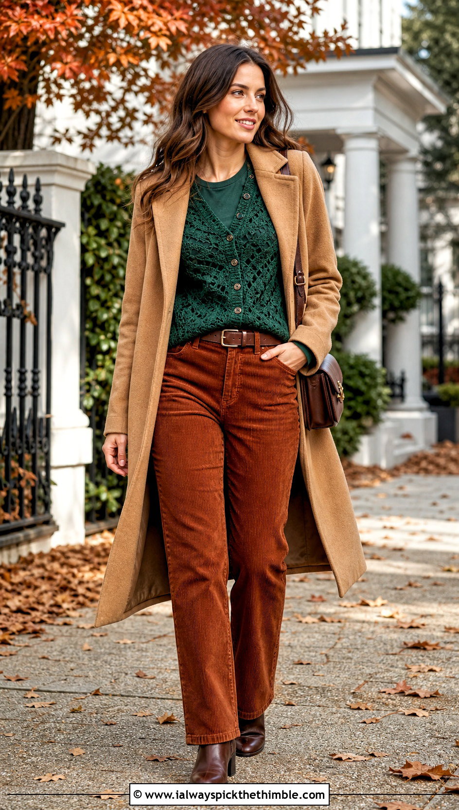 Shell Stitch Crochet Button Top With Corduroy Pants - 20 crochet button top outfit ideas