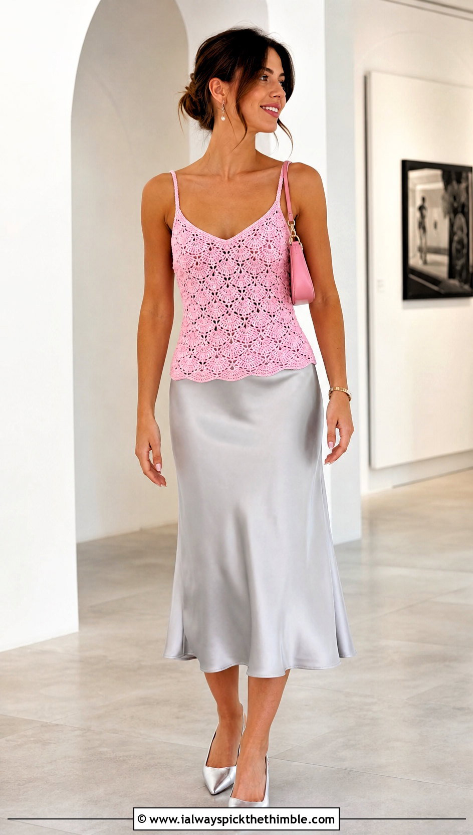 Shell Stitch Crochet Camisole With Satin Midi Skirt - 25 crochet camisole outfit ideas