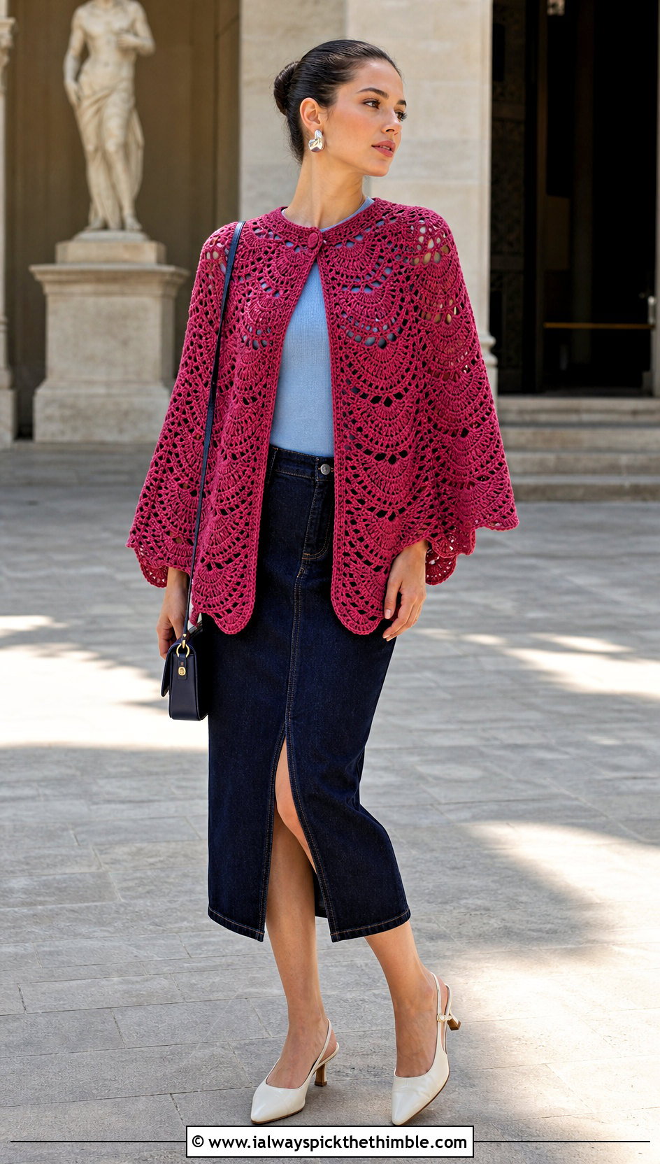 Shell Stitch Crochet Cape With A Denim Midi Skirt - 25 crochet cape outfit ideas
