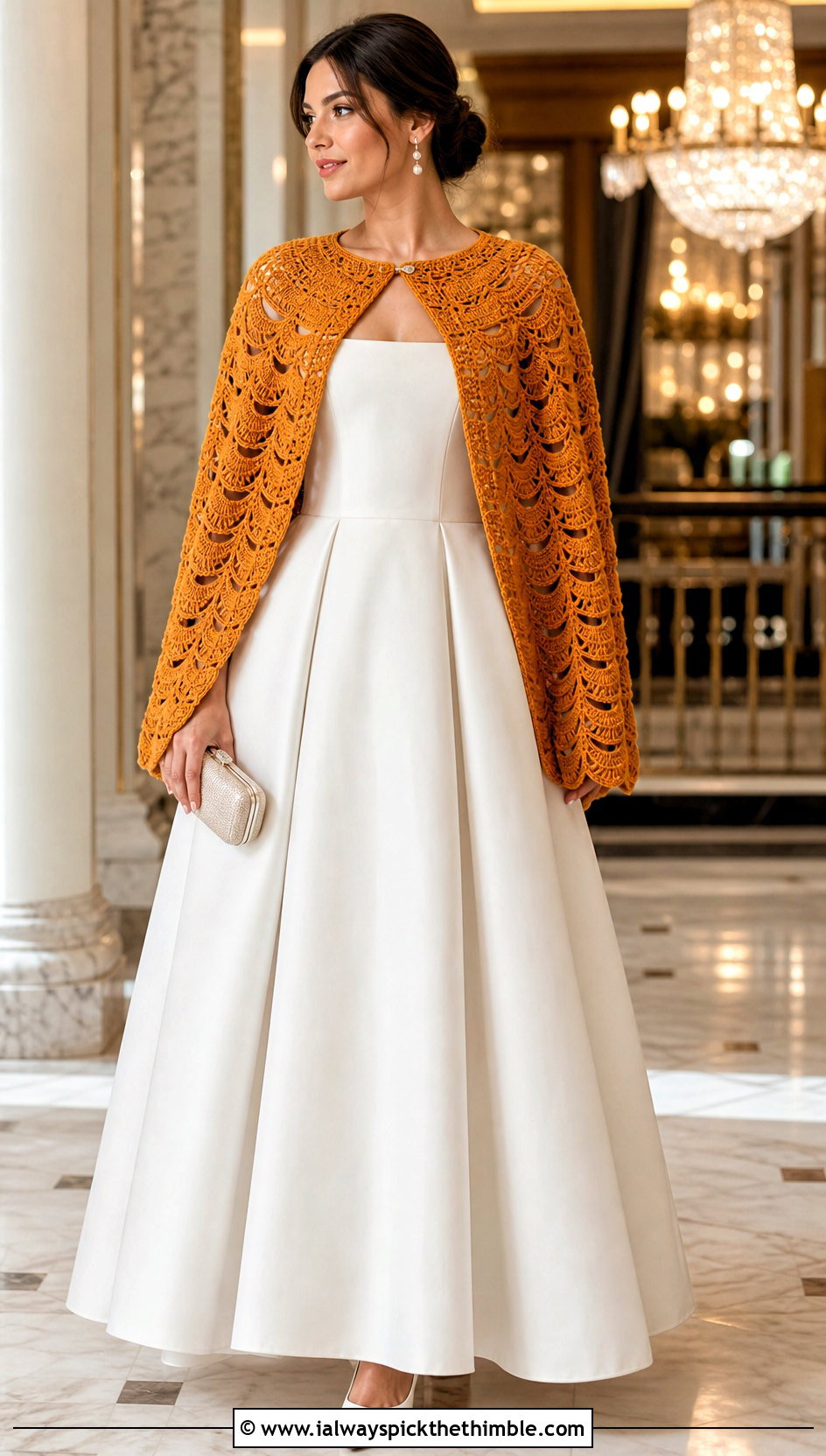 Shell Stitch Crochet Cape With Square Neck Ball Gown - 20 Crochet Wedding Cape outfit ideas
