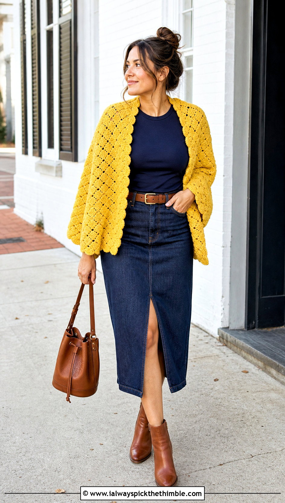 Shell Stitch Crochet Cardigan Over Shoulders With Denim Skirt - 20 Crochet Over The Shoulder Sweater outfit ideas