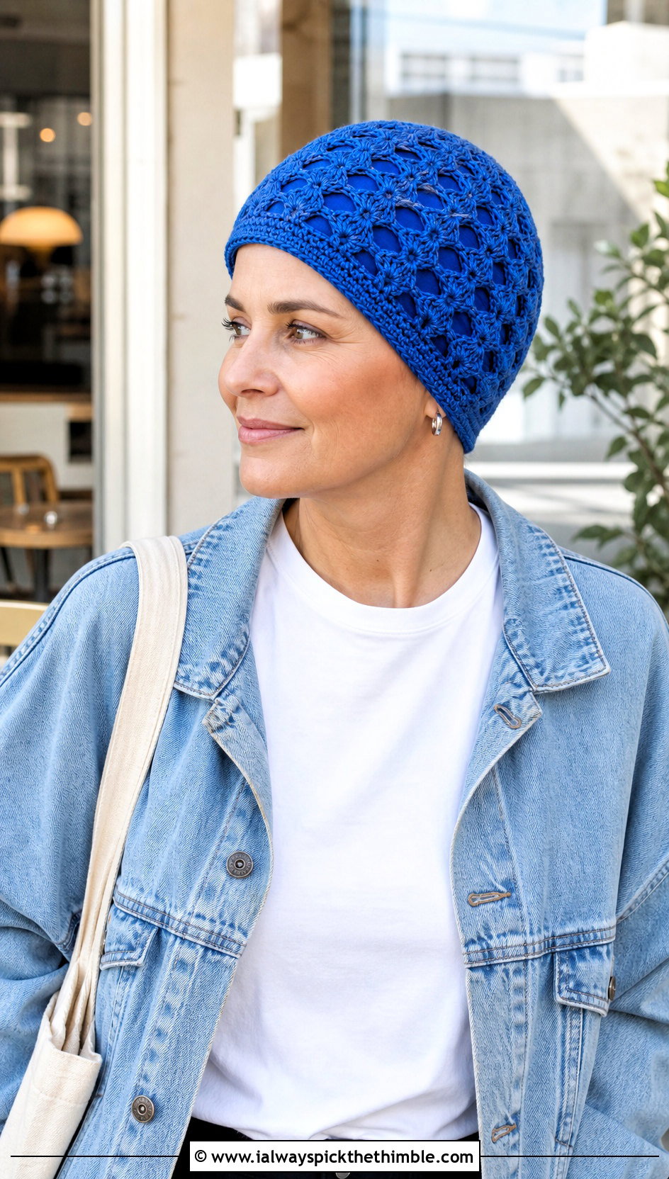 Shell Stitch Crochet Chemo Cap With Denim Jacket - 25 crochet chemo caps outfit ideas