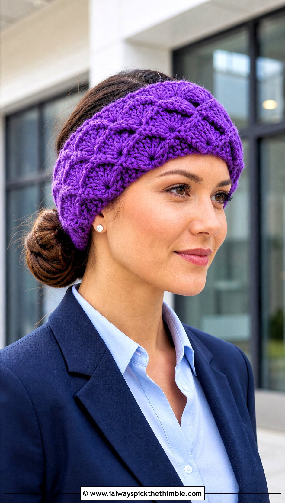 Shell Stitch Crochet Chunky Ear Warmer With Blazer - 20 Crochet Chunky Ear Warmer outfit ideas