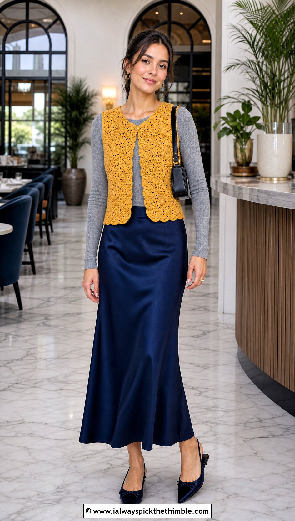 Shell Stitch Crochet Circle Vest With Satin Skirt - 25 crochet circle vest outfit ideas