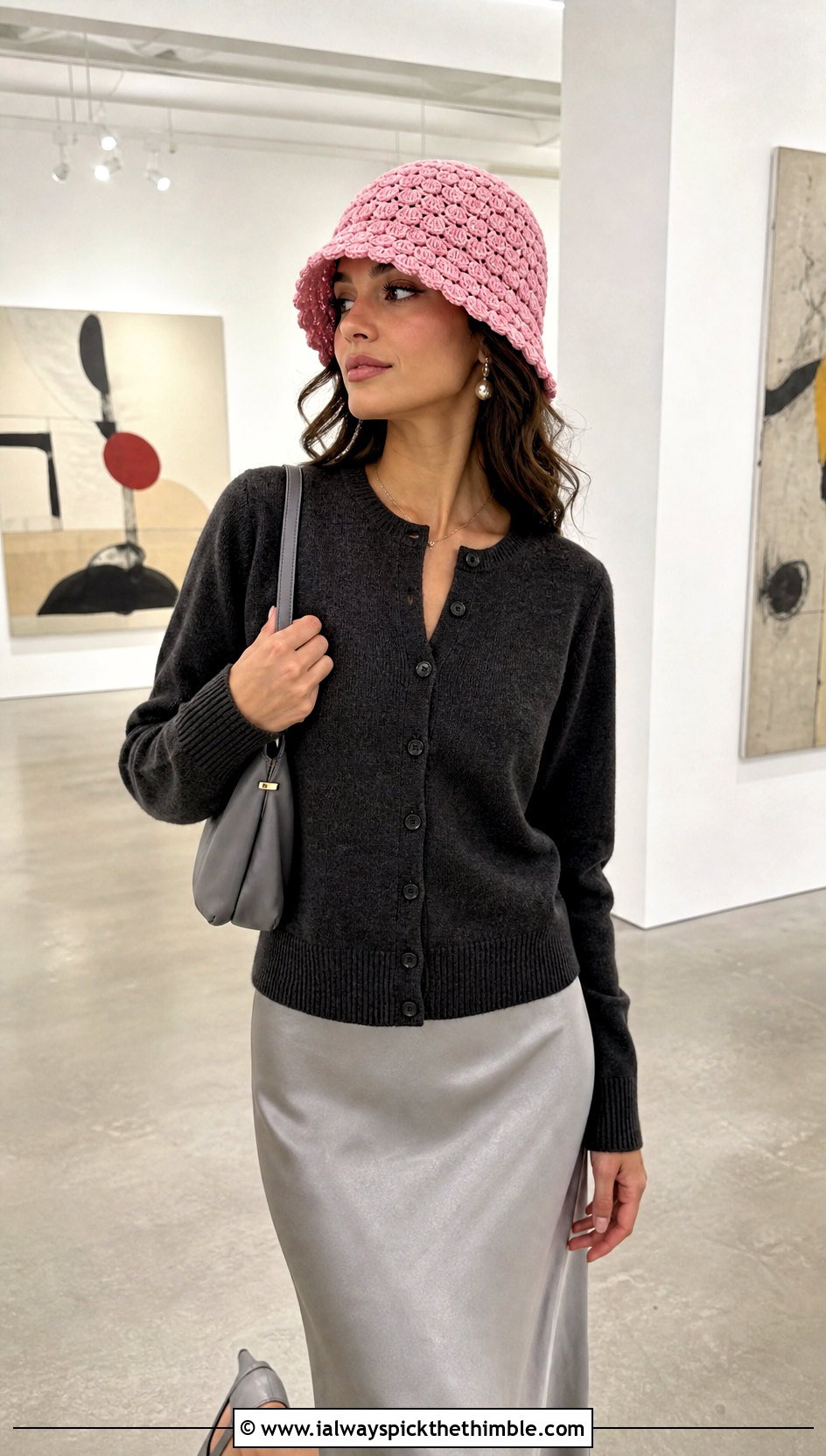 Shell Stitch Crochet Cloche Hat With Cardigan And Slip Skirt - 20 Crochet Hats With Brim outfit ideas