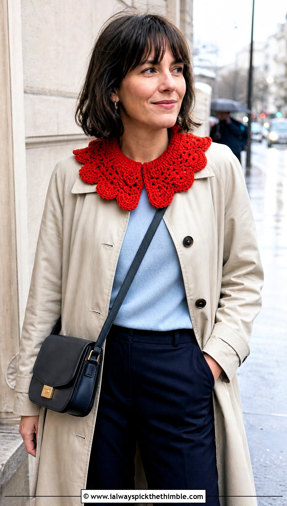 Shell Stitch Crochet Clown Collar With Trench Coat And Cropped Pants - 25 crochet clown collar outfit ideas