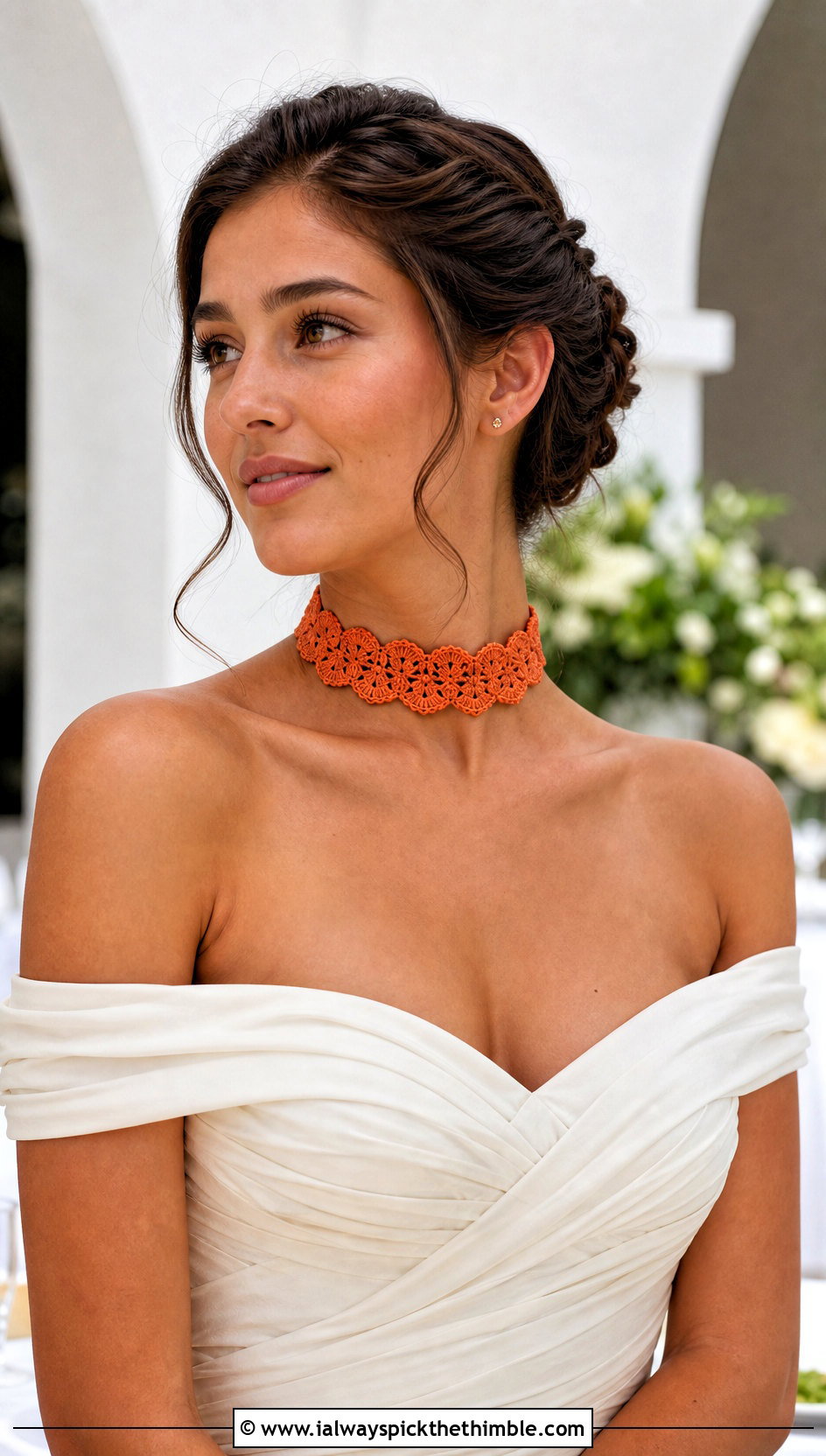 Shell Stitch Crochet Collar Choker With Off Shoulder Midi Dress - 15 Wedding Necklace Crochet Collar Choker outfit ideas