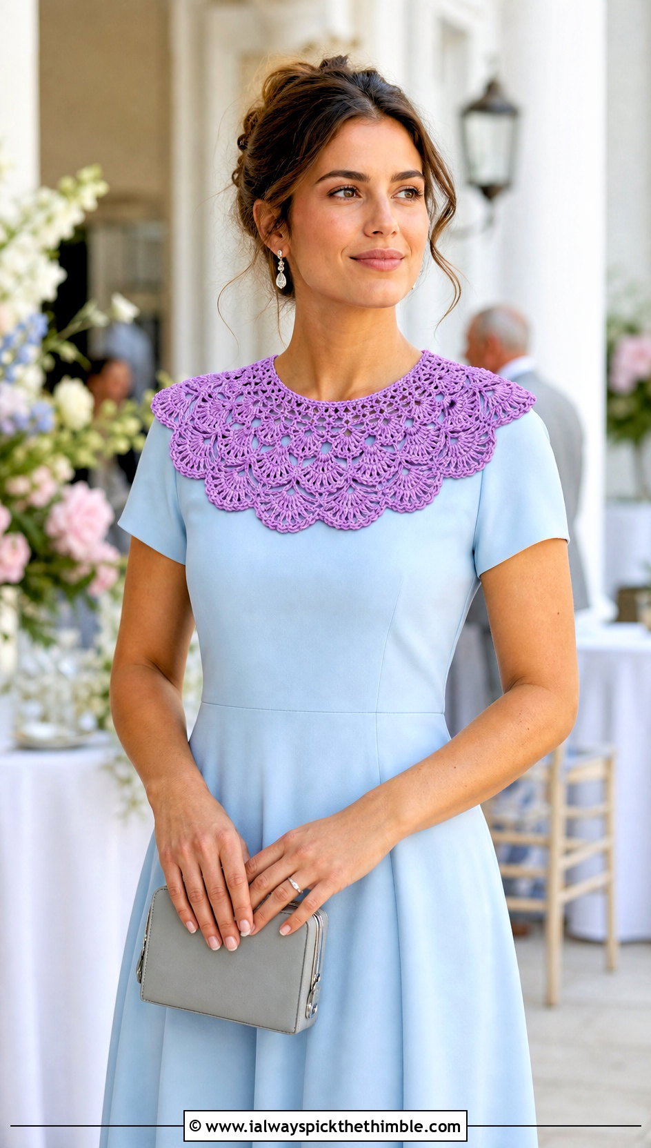 Shell Stitch Crochet Collar With Midi Dress And Slingback Heels - 15 beginner crochet collar outfit ideas
