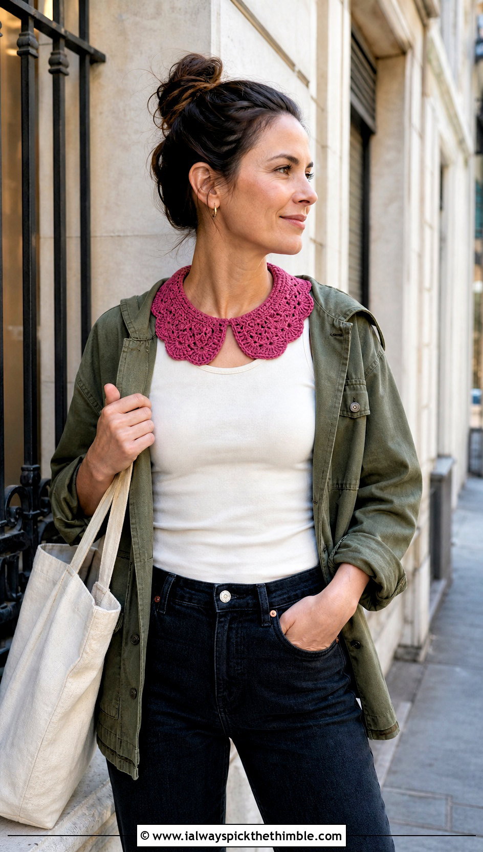 Shell Stitch Crochet Collar With Tank Top And Utility Jacket - 25 crochet collar outfit ideas