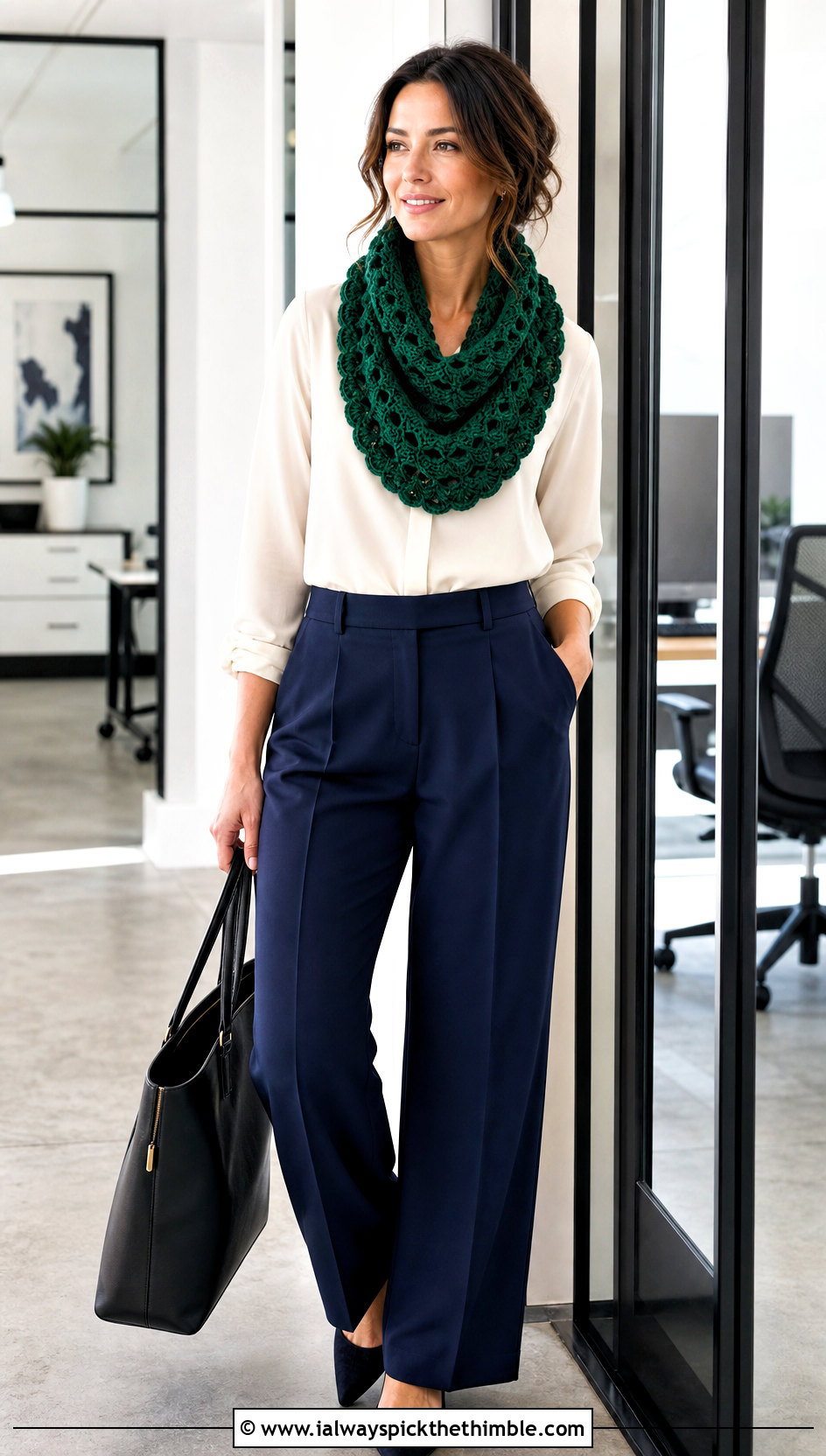 Shell Stitch Crochet Cowl Scarf With Blouse And Trousers - 25 crochet cowell scarf outfit ideas