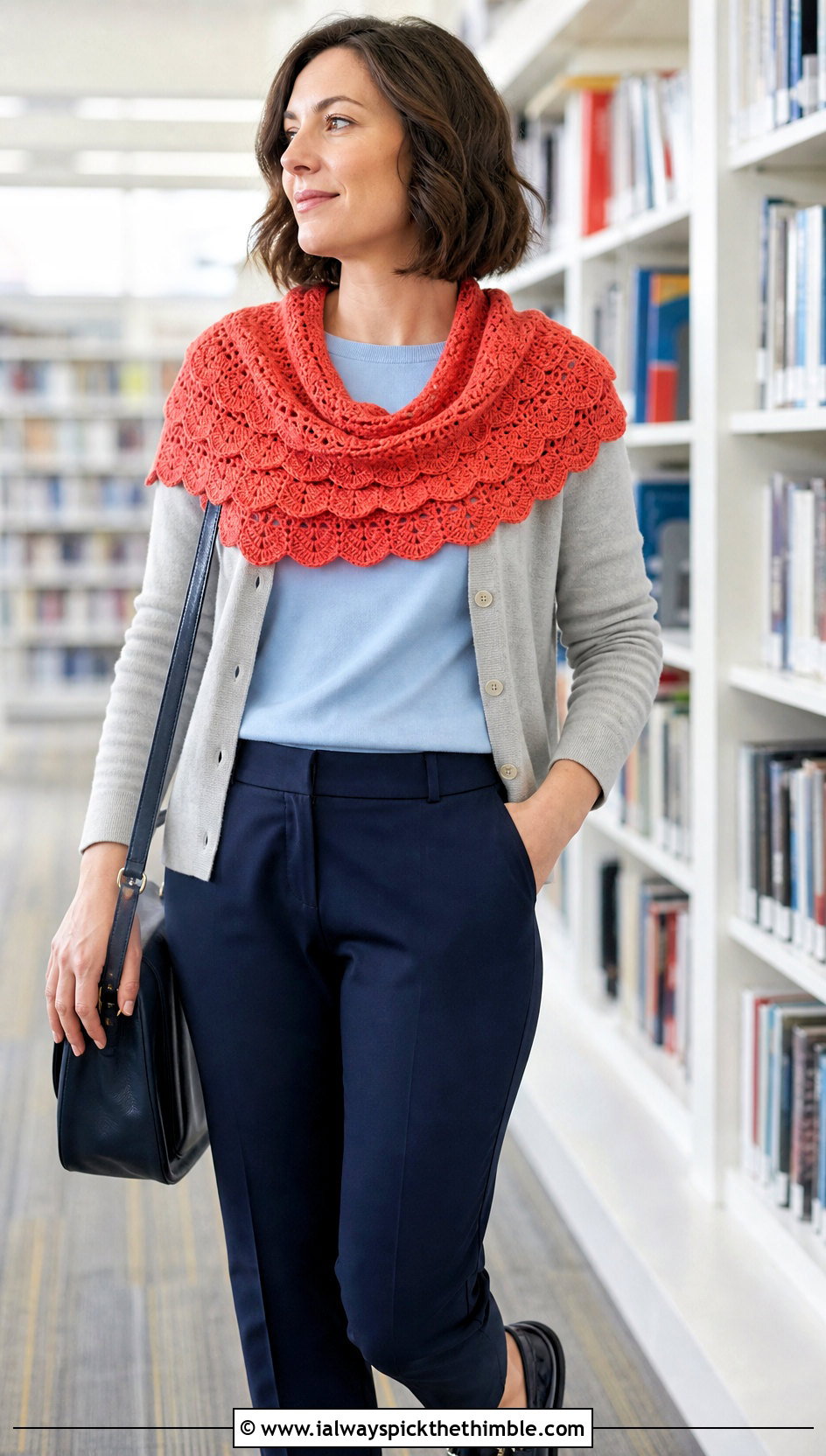 Shell Stitch Crochet Cowl Shawl With Cardigan - 20 crochet cowl shawl outfit ideas