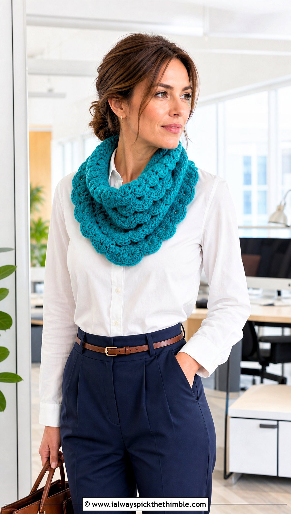 Shell Stitch Crochet Cowl With White Shirt - 25 crochet cowl neck warmer outfit ideas