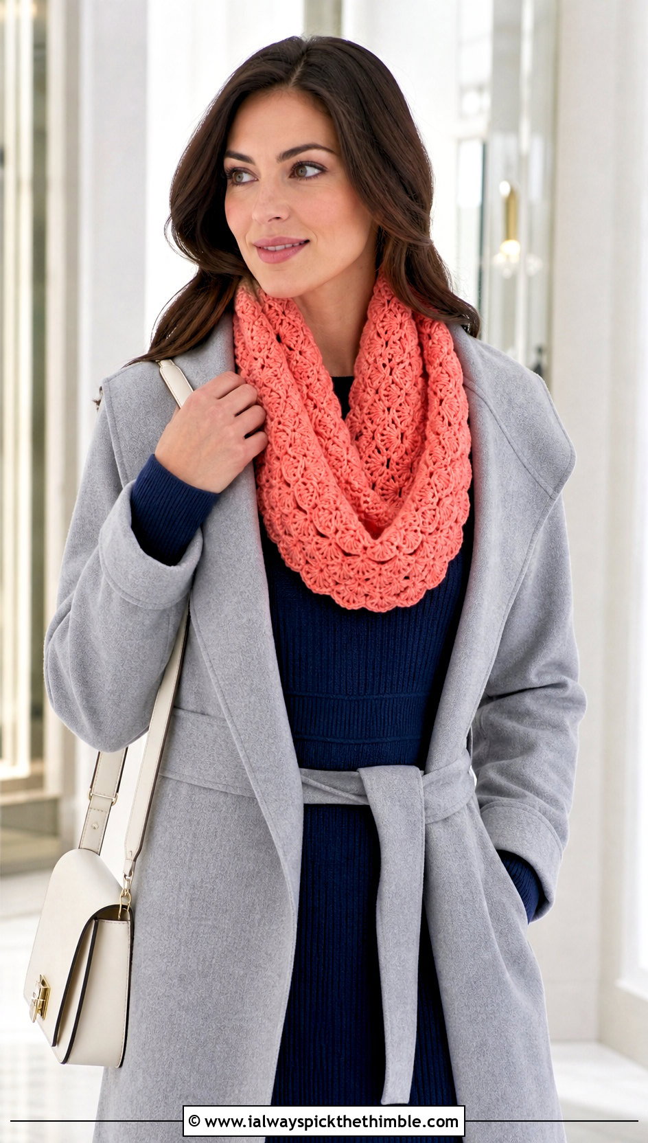 Shell Stitch Crochet Cowl With Wrap Coat And Midi Dress - 25 crochet neck warmer cowls outfit ideas