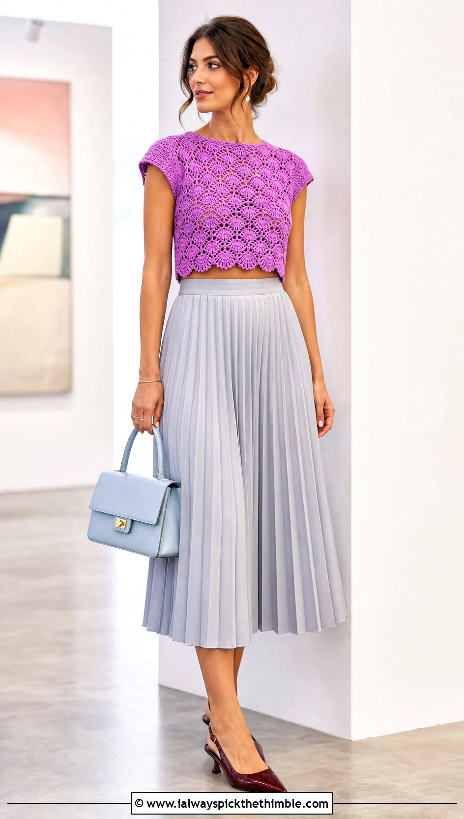 Shell Stitch Crochet Crop Top With Pleated Skirt - 20 boho crochet crop top outfit ideas