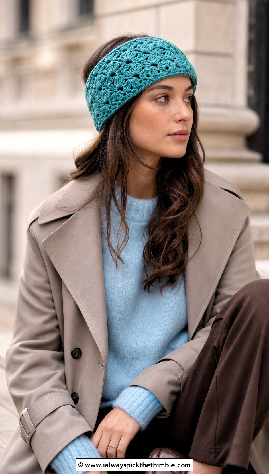 Shell Stitch Crochet Crown Ear Warmer With Trench Coat And Loafers - 20 crochet crown ear warmer outfit ideas