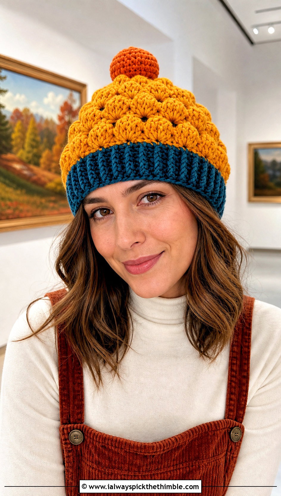 Shell Stitch Crochet Cupcake Hat With Corduroy Pinafore - 20 crochet cupcake hat outfit ideas