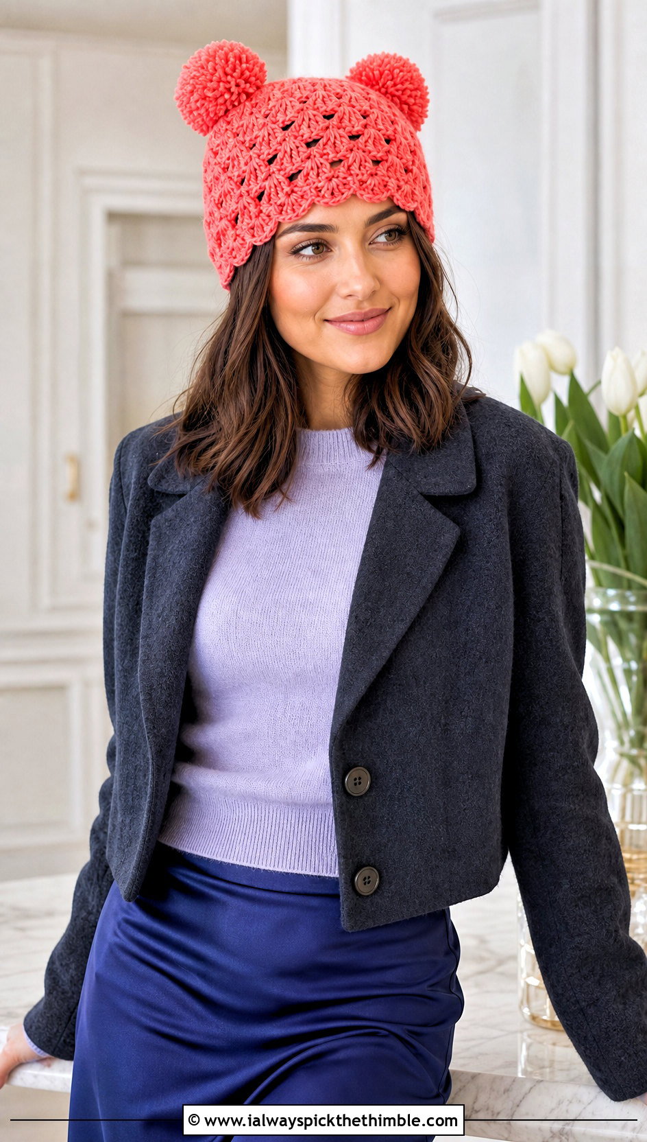 Shell Stitch Crochet Double Pom Pom Hat With Satin Skirt - 20 Crochet Hat With Two Pom Poms outfit ideas