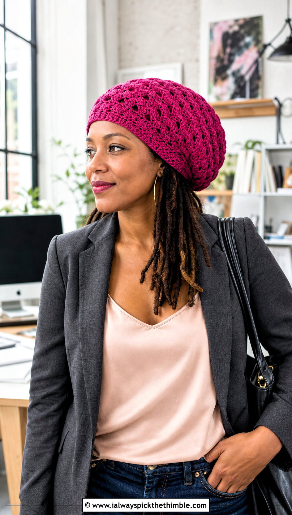 Shell Stitch Crochet Dread Cap With Blazer And Jeans - 20 Crochet Dread Cap outfit ideas