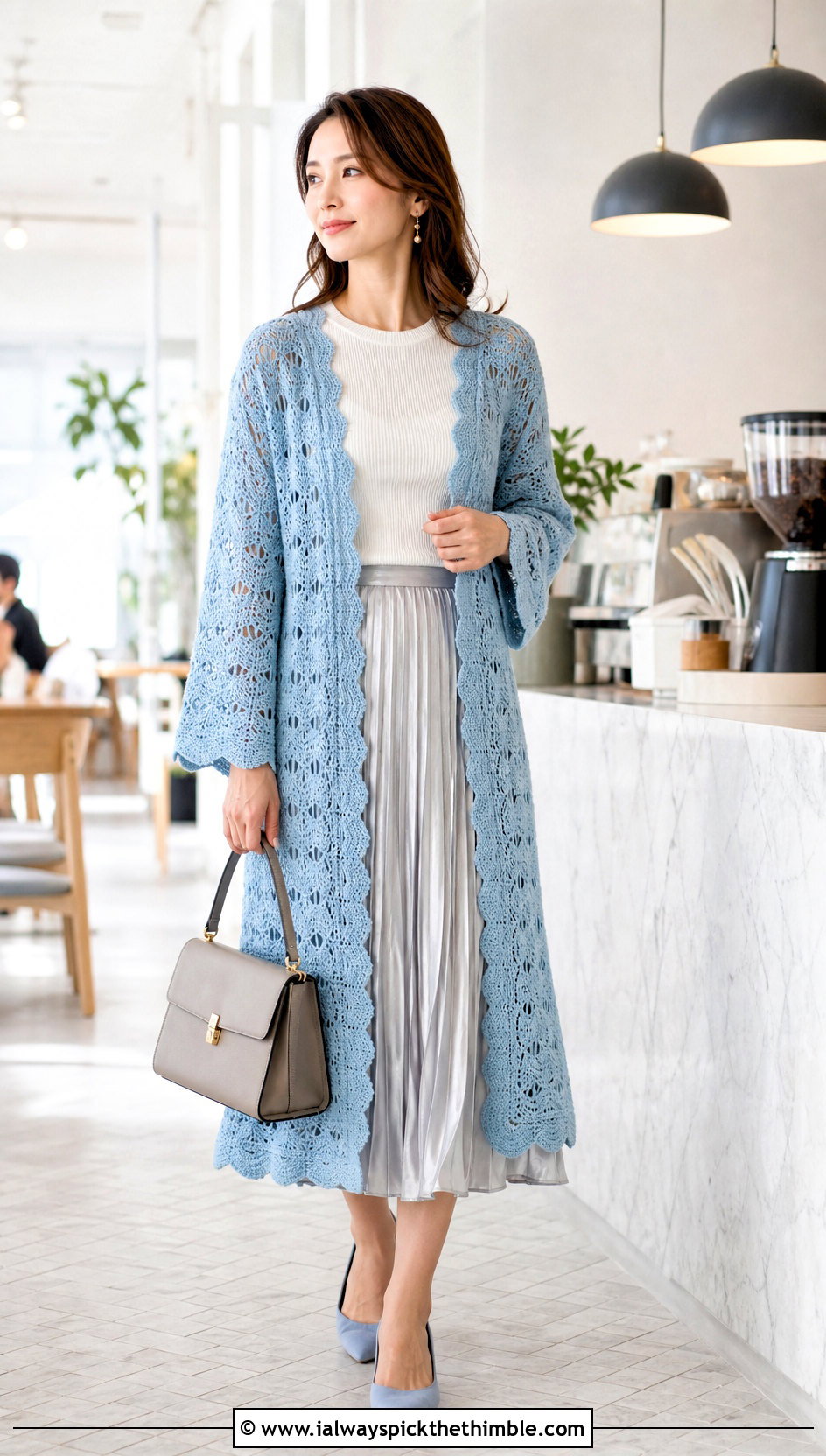 Shell Stitch Crochet Duster Cardigan With Pleated Skirt - 25 crochet duster cardigan outfit ideas