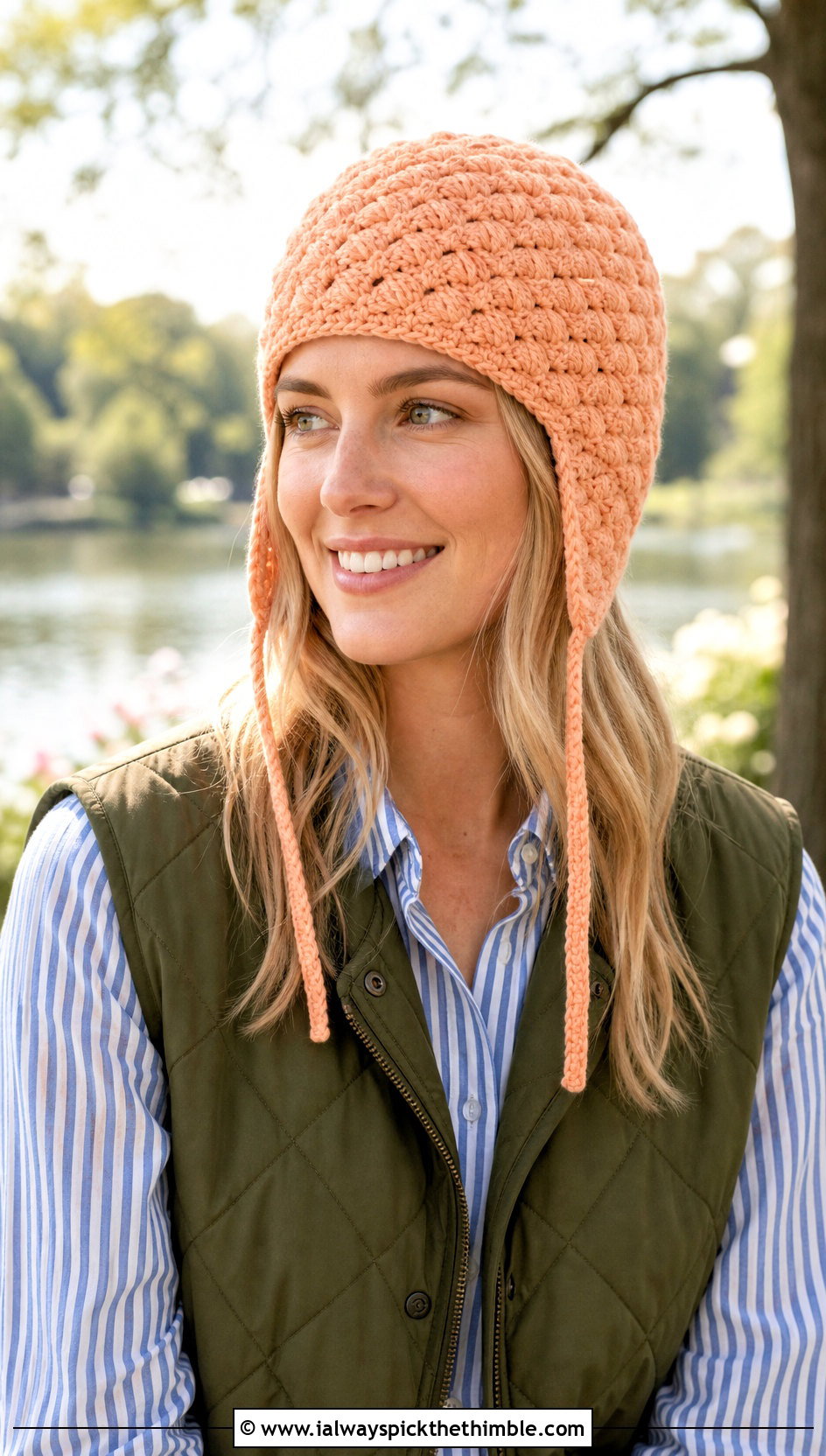Shell Stitch Crochet Ear Flap Hat With Quilted Vest - 20 crochet adult ear flap hat outfit ideas