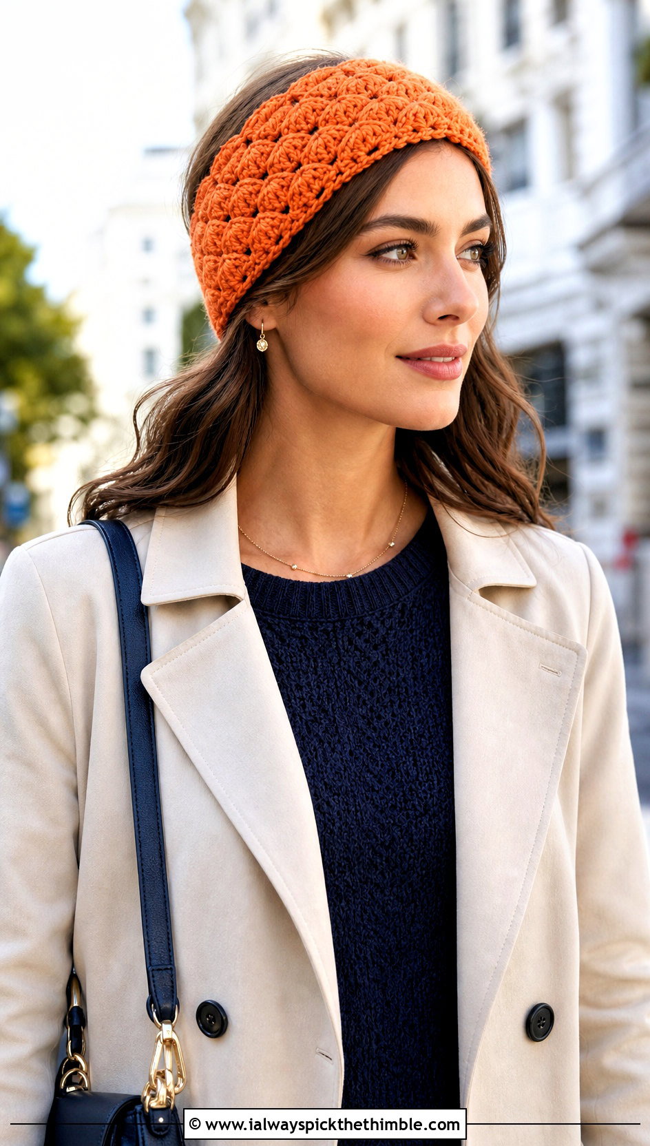 Shell Stitch Crochet Ear Headband With Trench Coat - 20 crochet ear headband outfit ideas