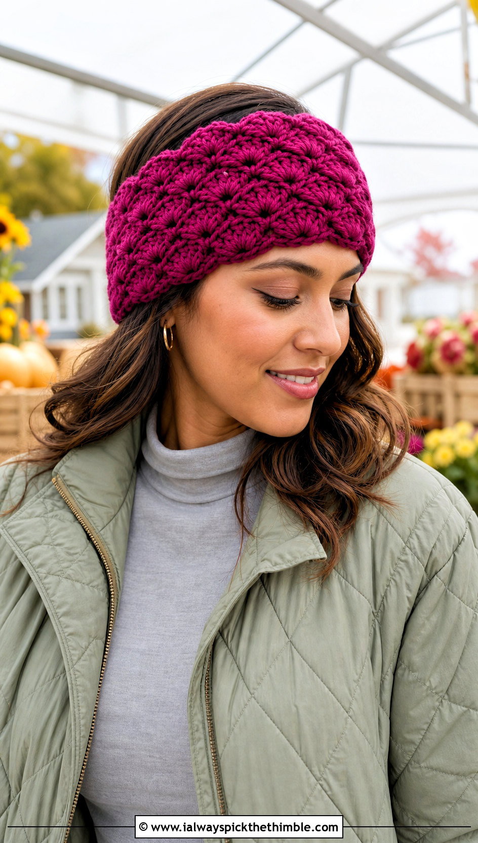 Shell Stitch Crochet Ear Warmer With Quilted Jacket - 15 Quick And Easy Crochet Ear Warmers outfit ideas