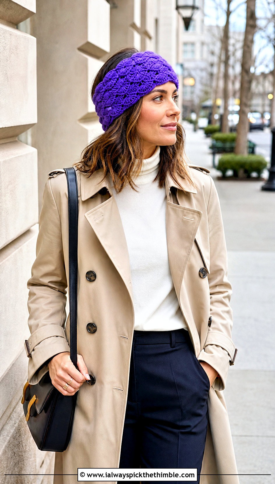 Shell Stitch Crochet Ear Warmer With Trench Coat - 20 Diy Crochet Headband Ear Warmers outfit ideas