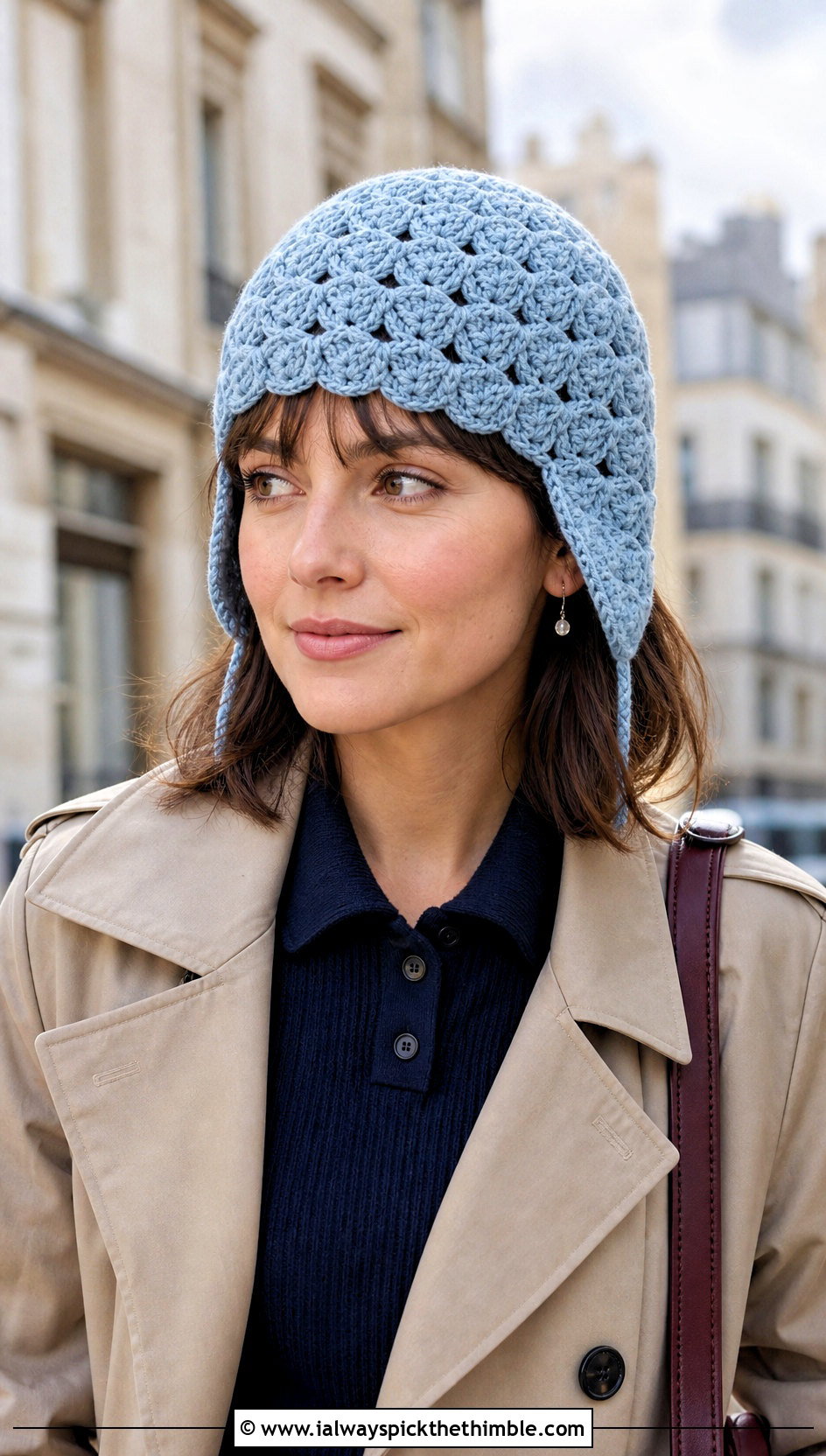 Shell Stitch Crochet Earflap Hat With Trench Coat - 15 Crochet Hat With Earflaps outfit ideas