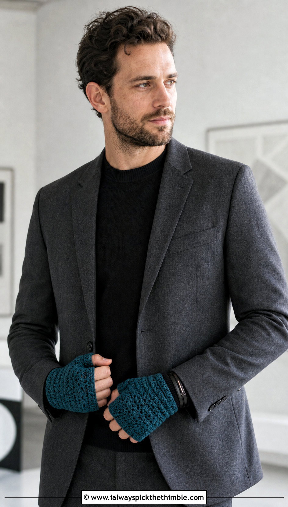 Shell Stitch Crochet Fingerless Gloves With Minimal Suit - 20 Crochet Mens Fingerless Gloves outfit ideas