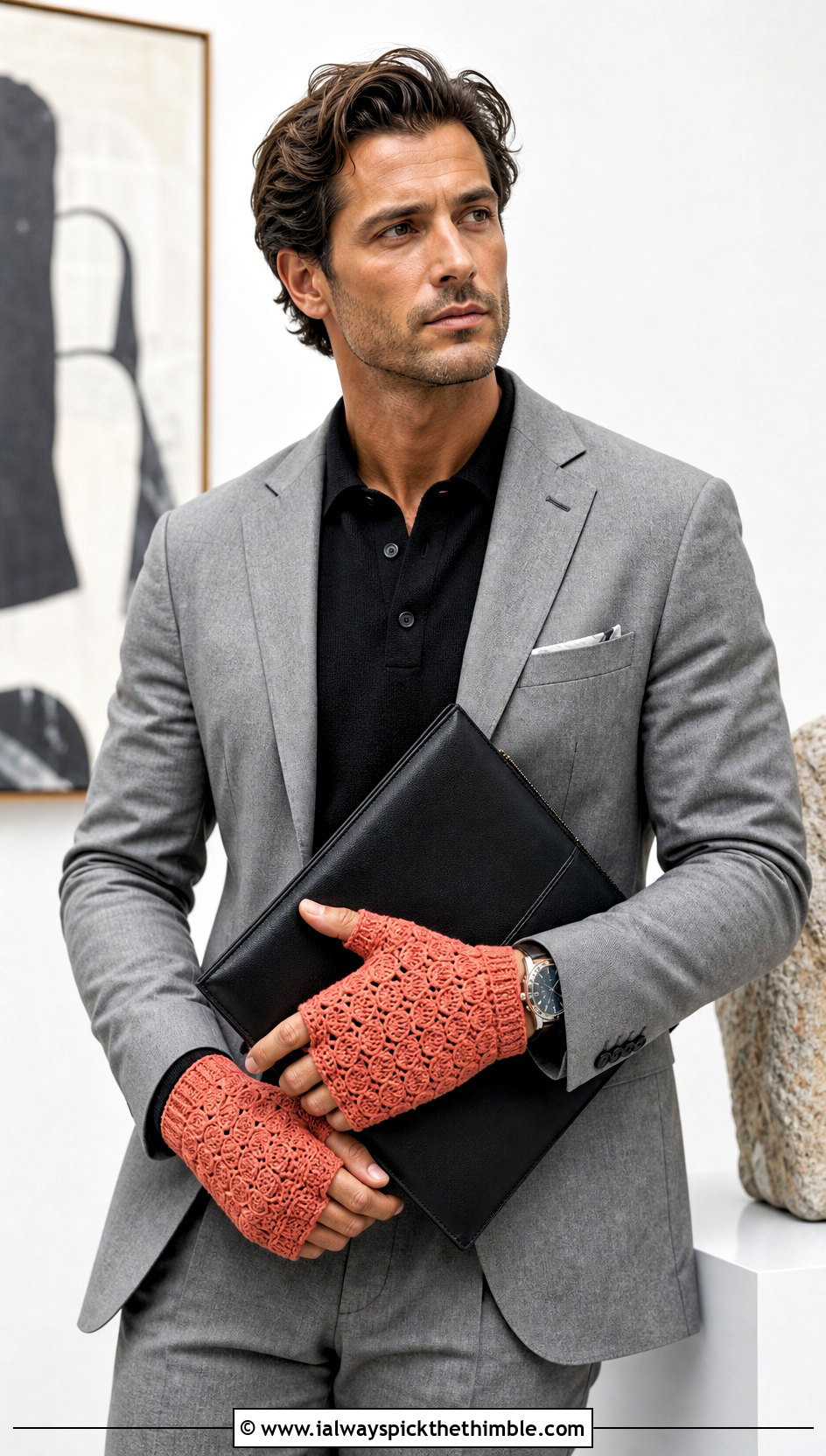 Shell Stitch Crochet Gloves With Minimal Suit - 25 men crochet gloves outfit ideas