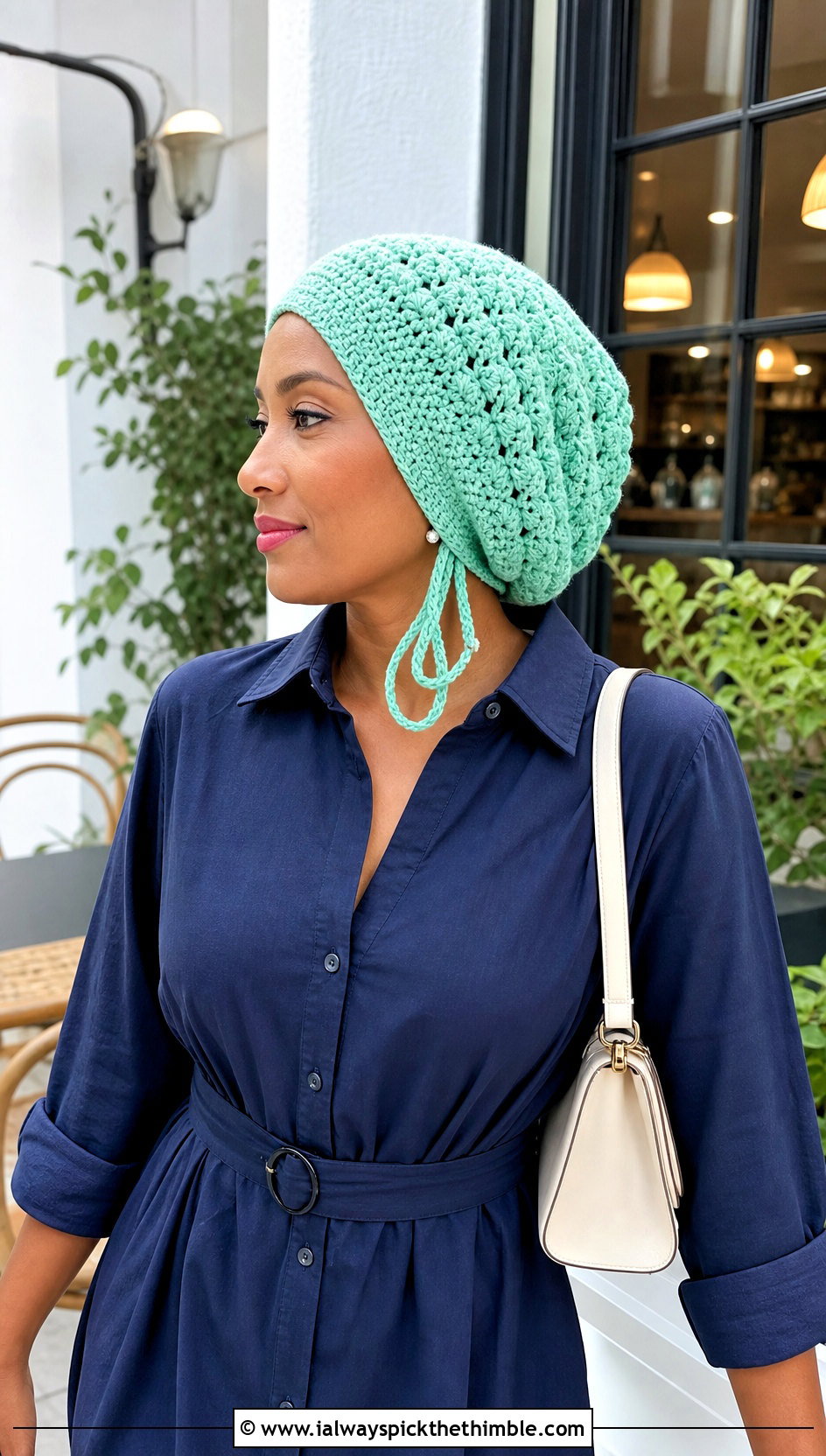 Shell Stitch Crochet Hair Bonnet With Shirt Dress - 20 Crochet Hair Bonnet outfit ideas