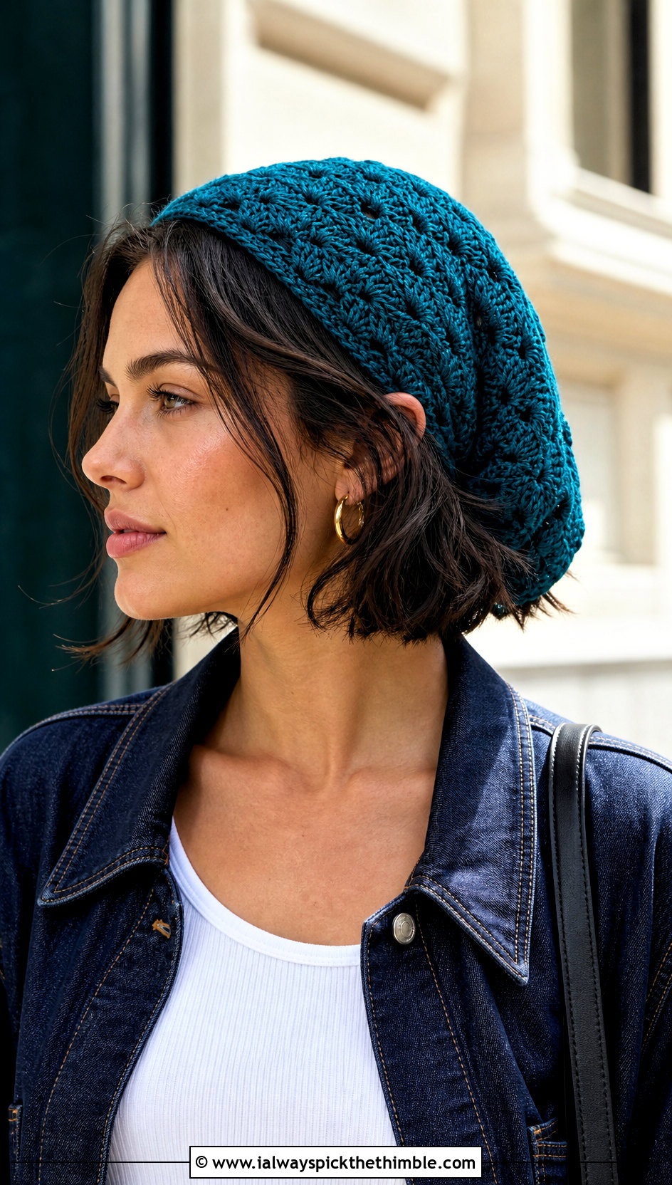 Shell Stitch Crochet Hair Scarf With Denim Jacket - 25 crochet hair scarf outfit ideas