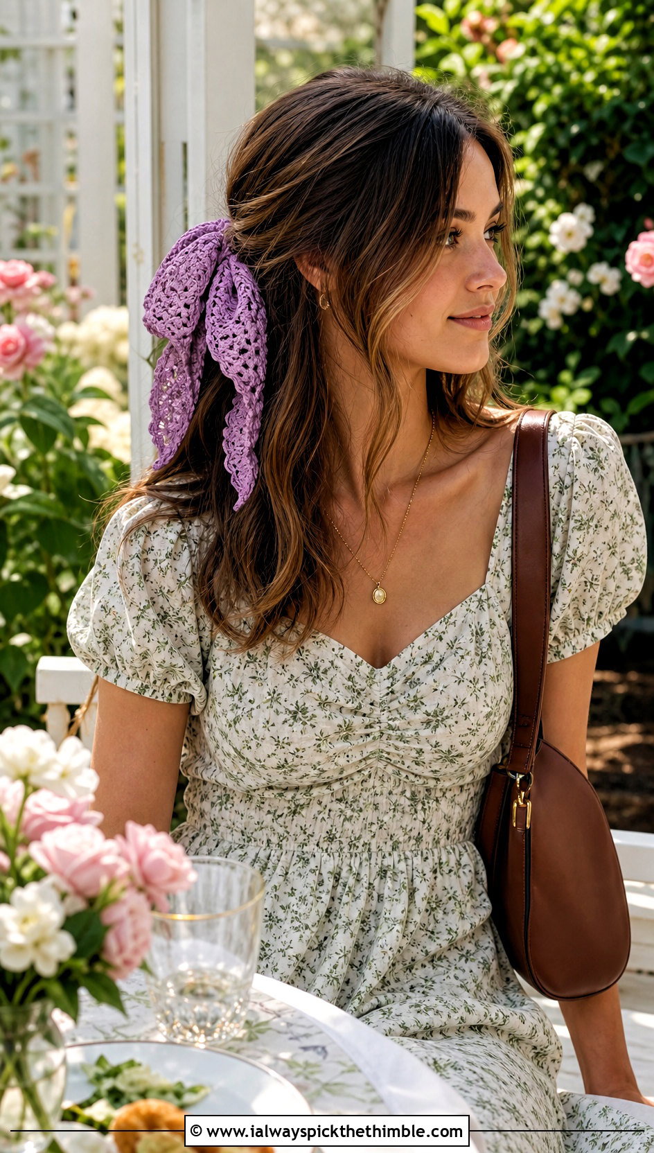 Shell Stitch Crochet Hair Tie Scarf With Floral Midi Dress - 20 crochet hair tie scarf outfit ideas