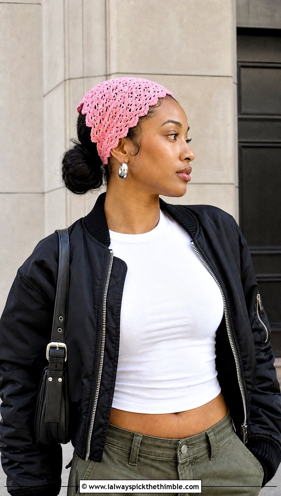 Shell Stitch Crochet Hair Wrap With Bomber Jacket And Cargo Pants - 25 crochet hair wrap outfit ideas