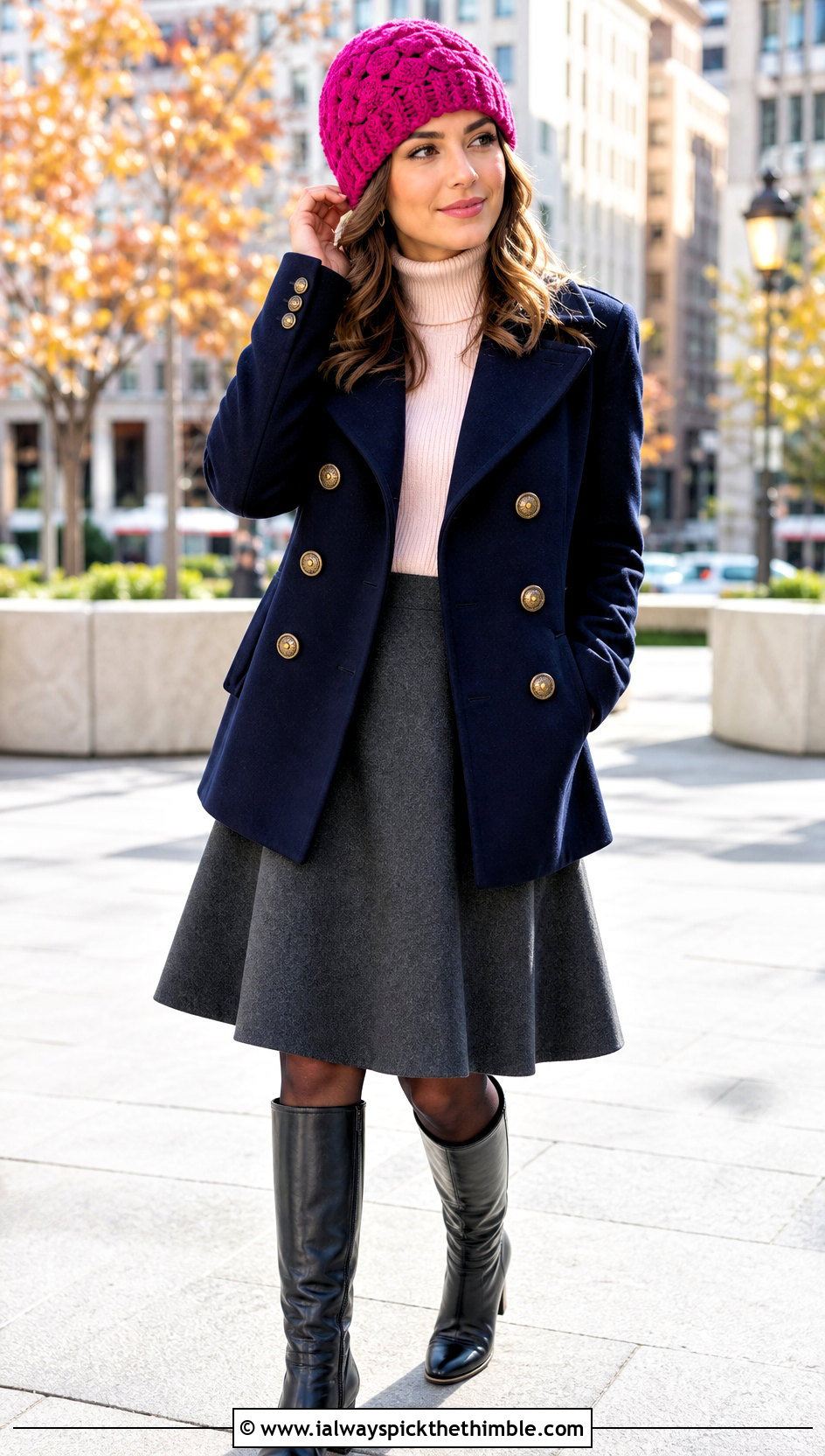 Shell Stitch Crochet Hat With Peacoat And A Line Skirt - 20 winter crochet hat for women outfit ideas