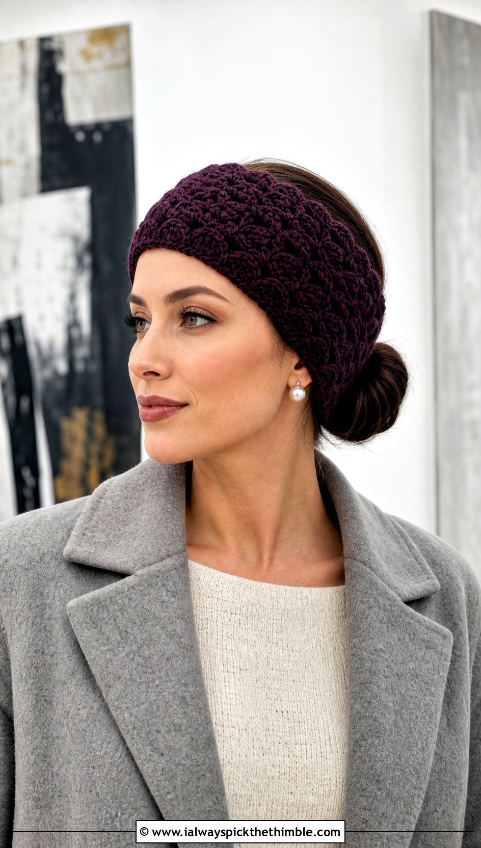 Shell Stitch Crochet Headband Ear Warmer With Wool Coat - 20 Crochet Headband Ear Warmers outfit ideas