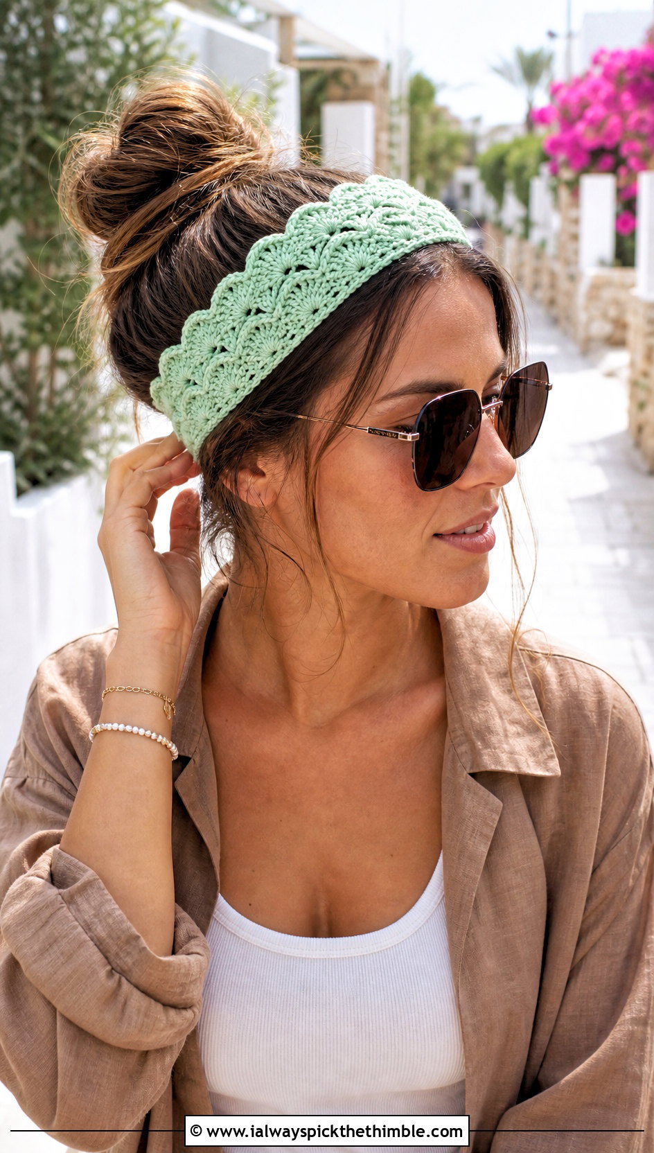 Shell Stitch Crochet Headband With Camp Collar Shirt - 20 crochet headband for women outfit ideas