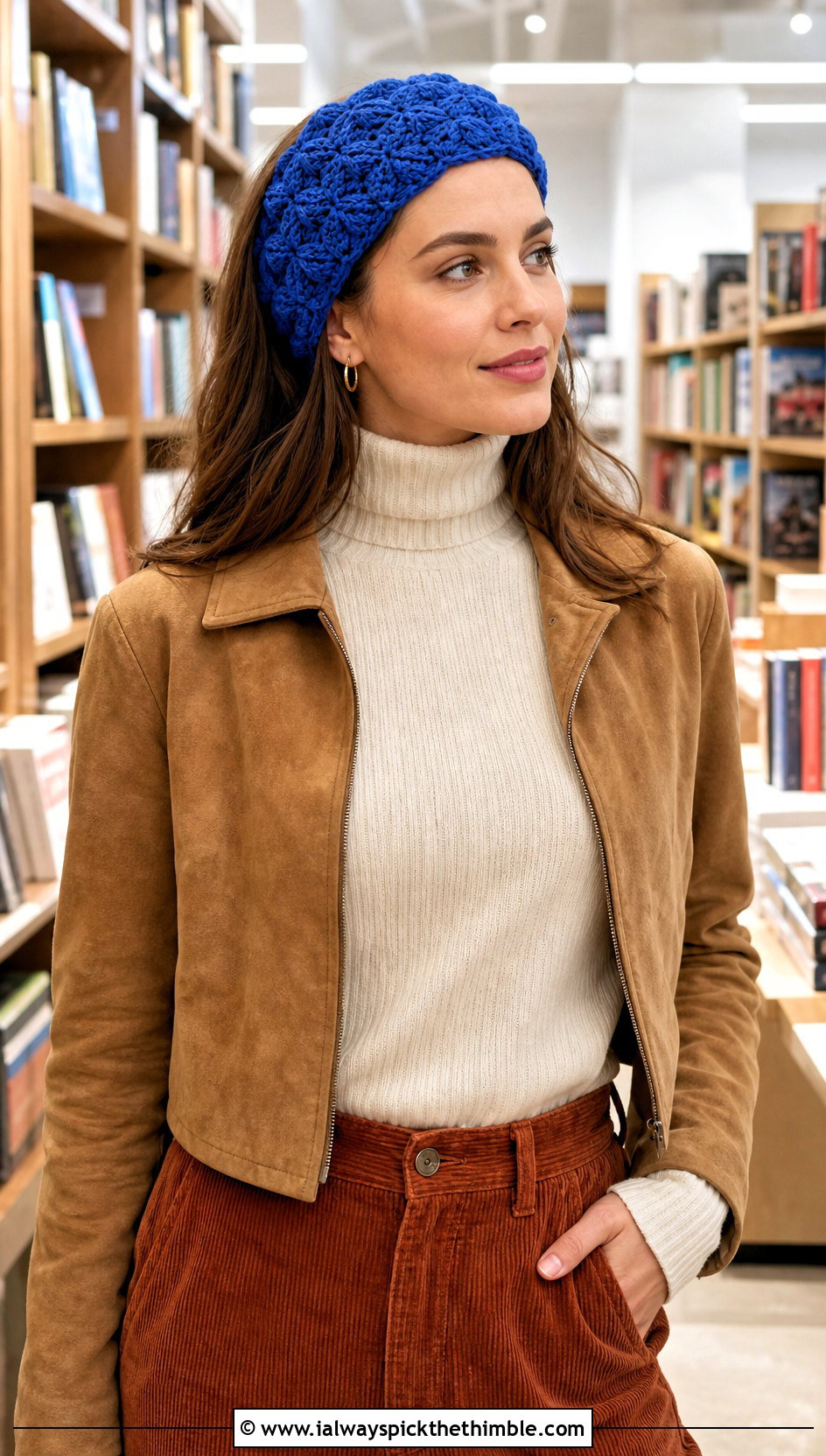 Shell Stitch Crochet Headband With Corduroy Outfit - 20 crochet fall headband outfit ideas