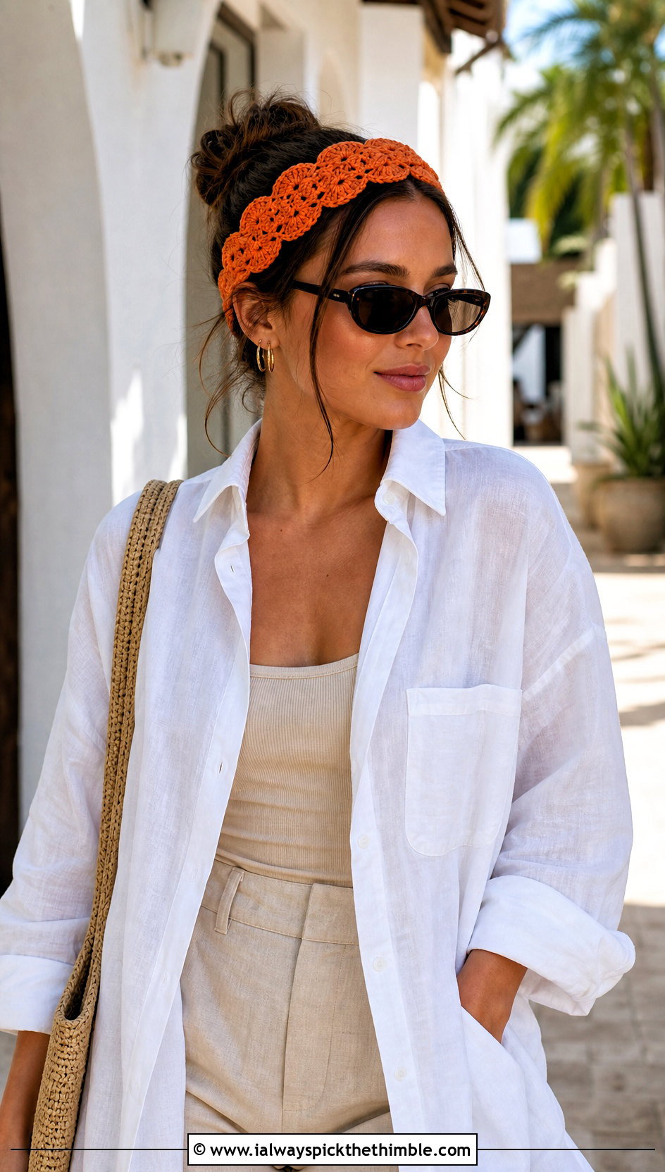 Shell Stitch Crochet Headband With Linen Shirt And Shorts - 25 crochet headbands outfit ideas