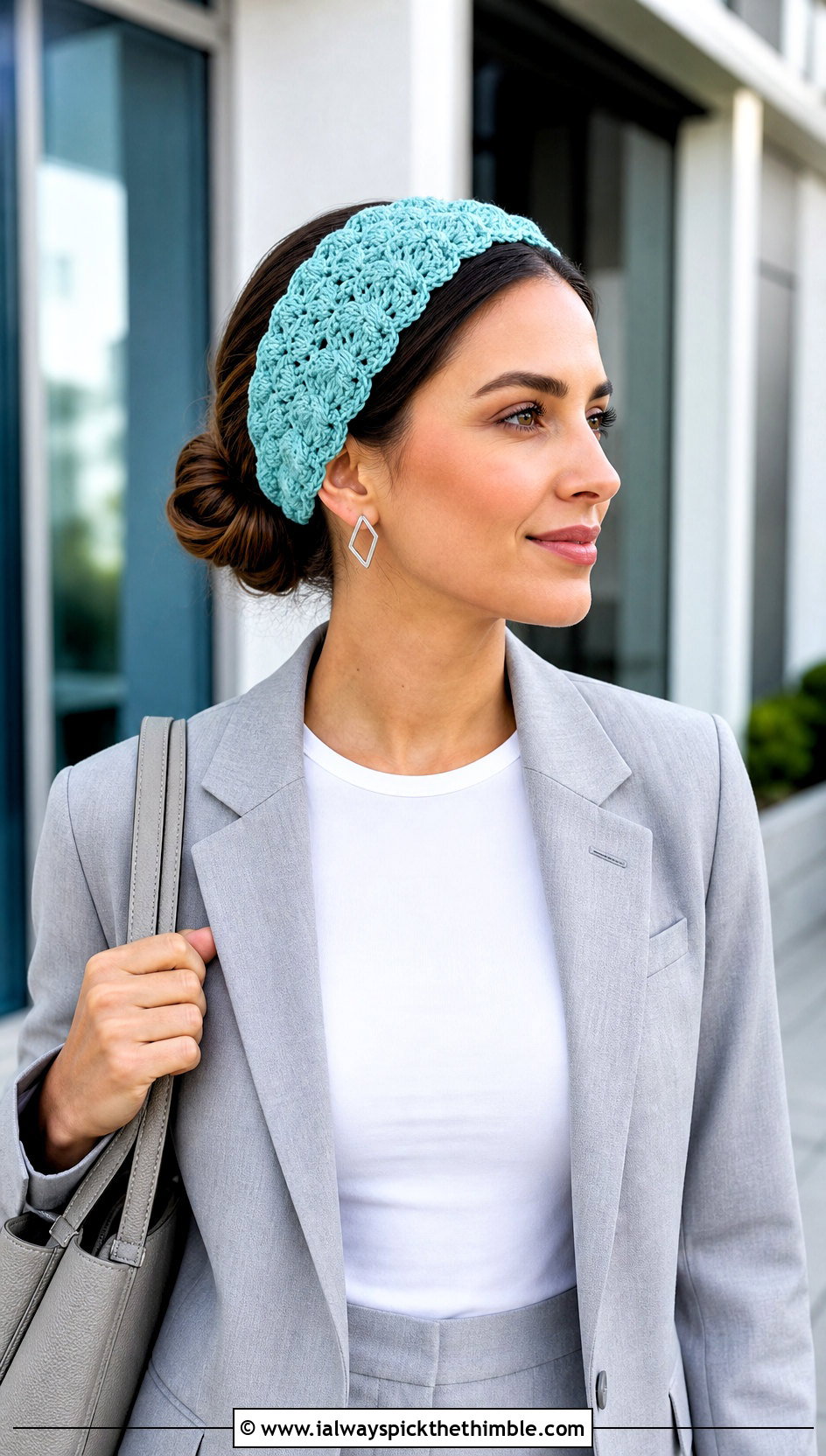 Shell Stitch Crochet Headband With Pantsuit And Loafers - 20 quick crochet headband outfit ideas
