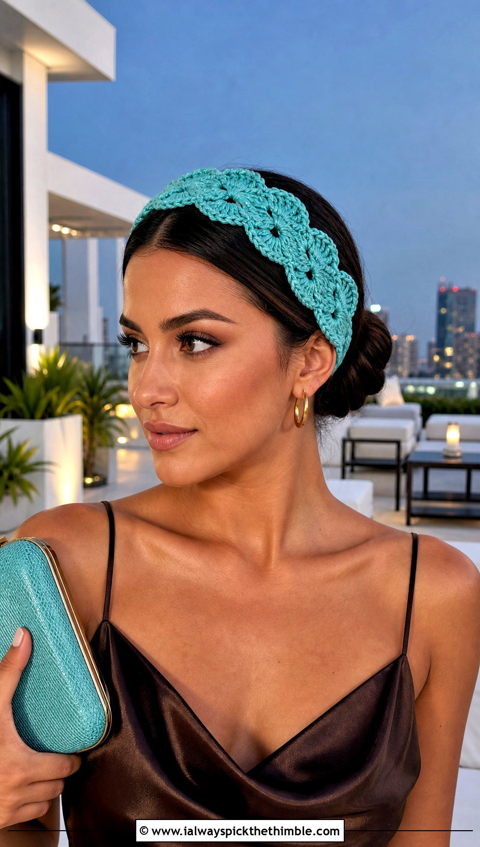 Shell Stitch Crochet Headband With Slip Dress And Sandals - 15 summer crochet headband outfit ideas