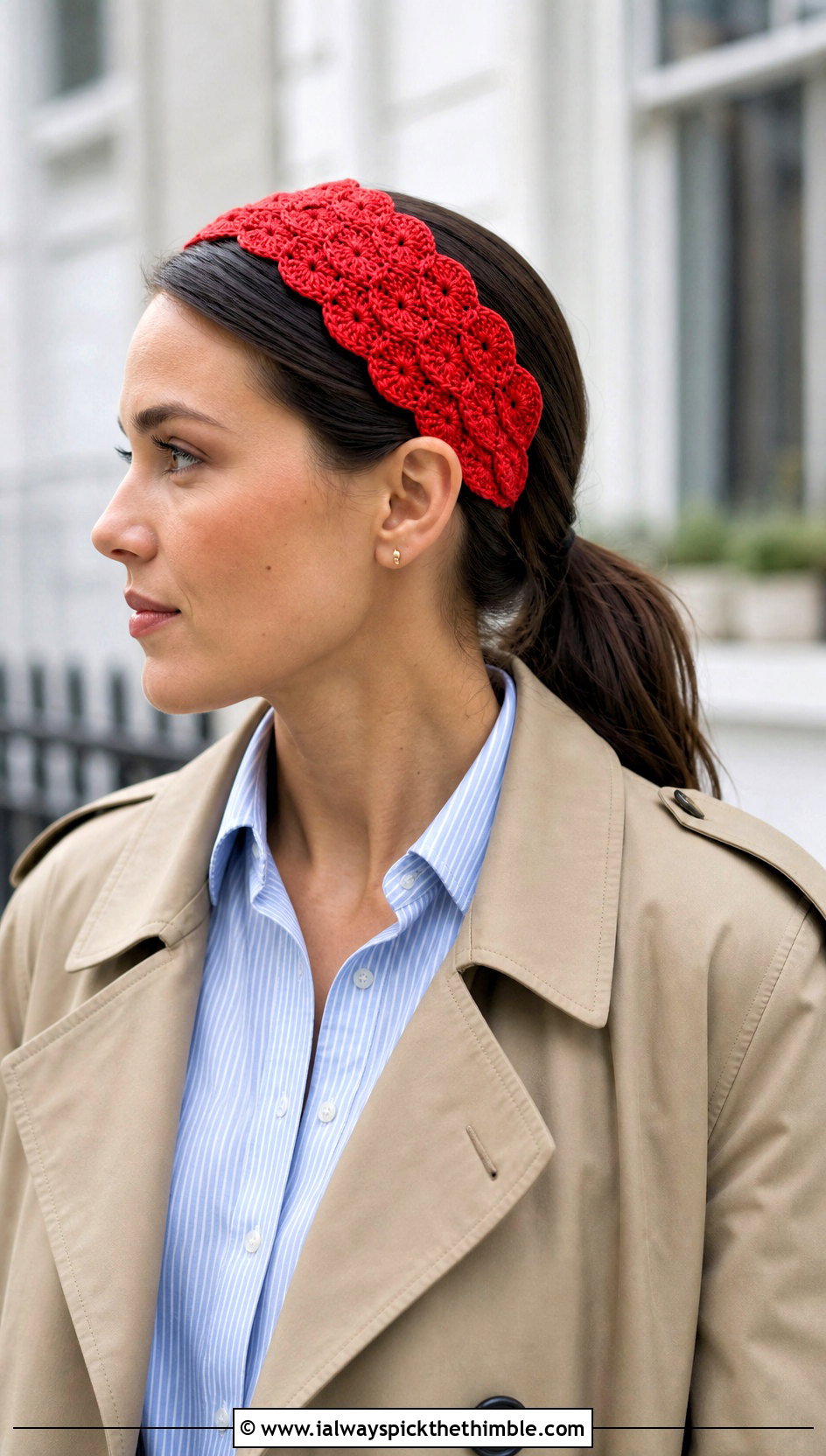 Shell Stitch Crochet Headband With Trench Coat - 25 crochet hair accessories head bands outfit ideas