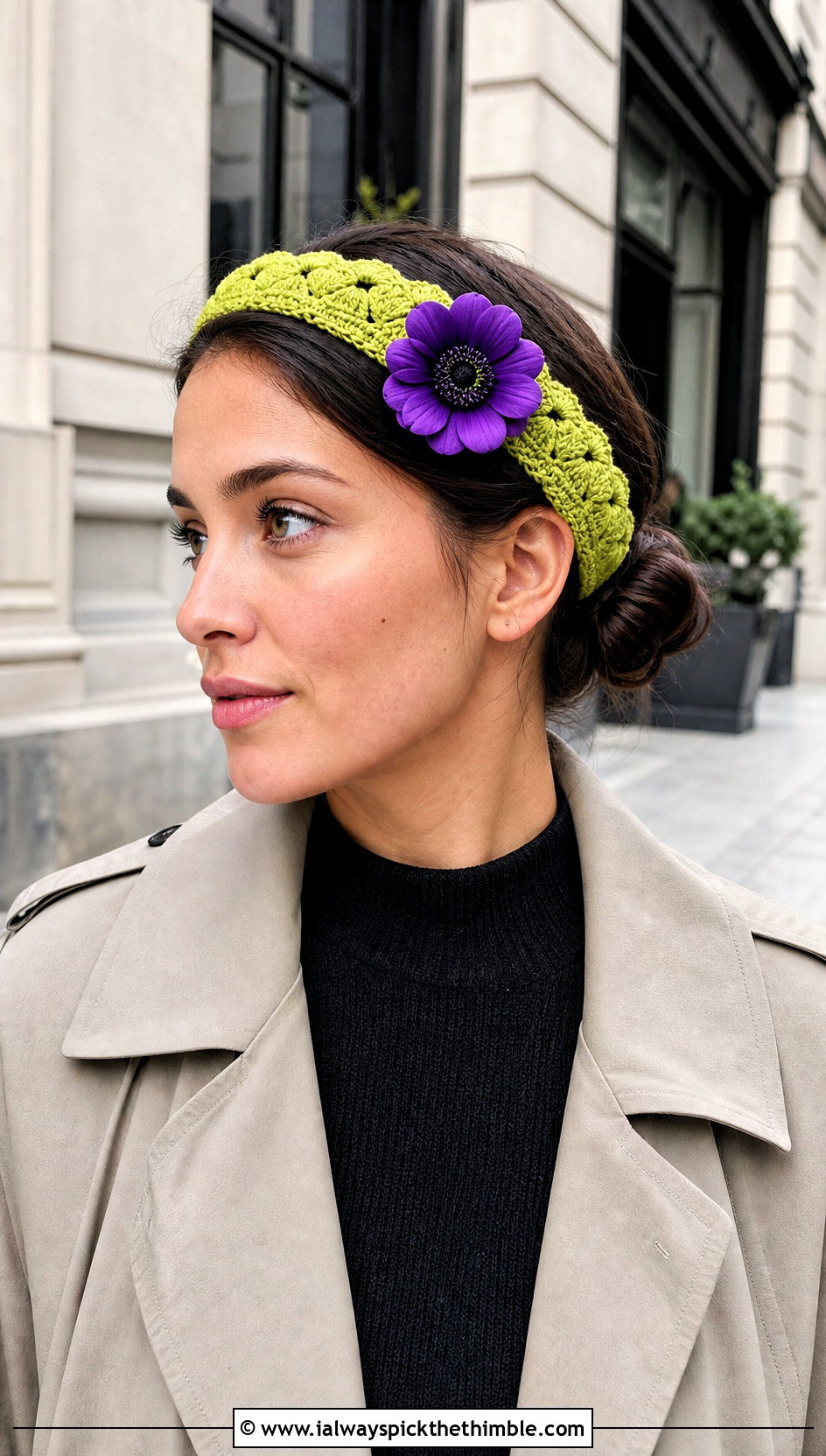 Shell Stitch Crochet Headband With Trench Coat Outfit - 15 crochet headband with purple flower outfit ideas