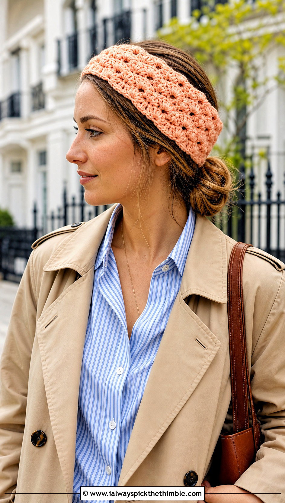 Shell Stitch Crochet Headband With Trench Coat - 20 crochet for headbands outfit ideas