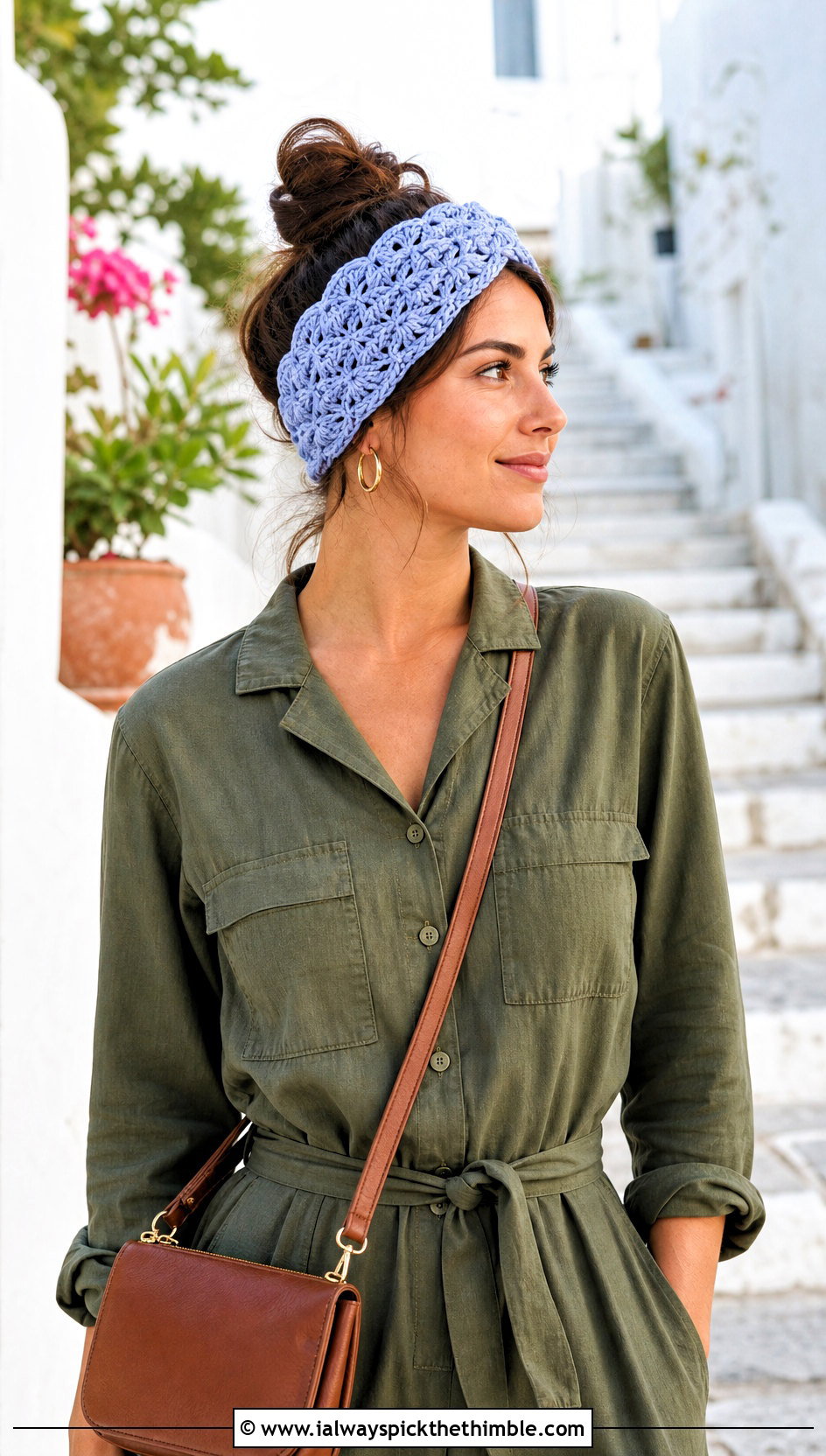 Shell Stitch Crochet Headband With Utility Jumpsuit - 20 boho crochet headband outfit ideas