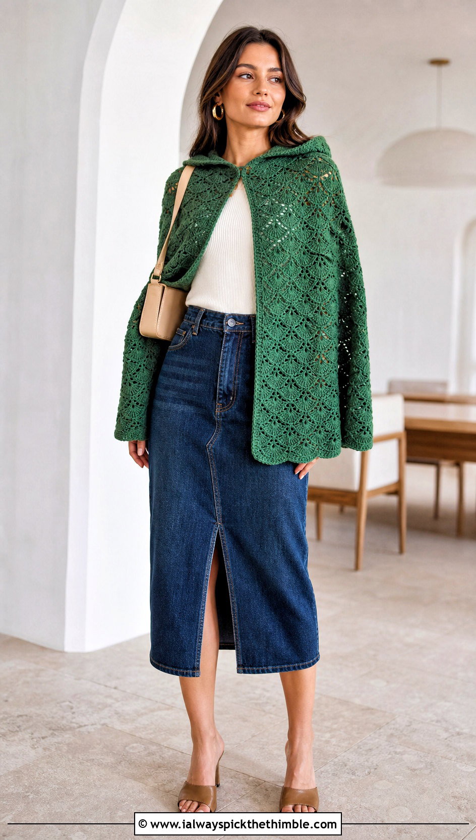 Shell Stitch Crochet Hooded Cape With Denim Midi Skirt - 25 crochet hooded cape outfit ideas
