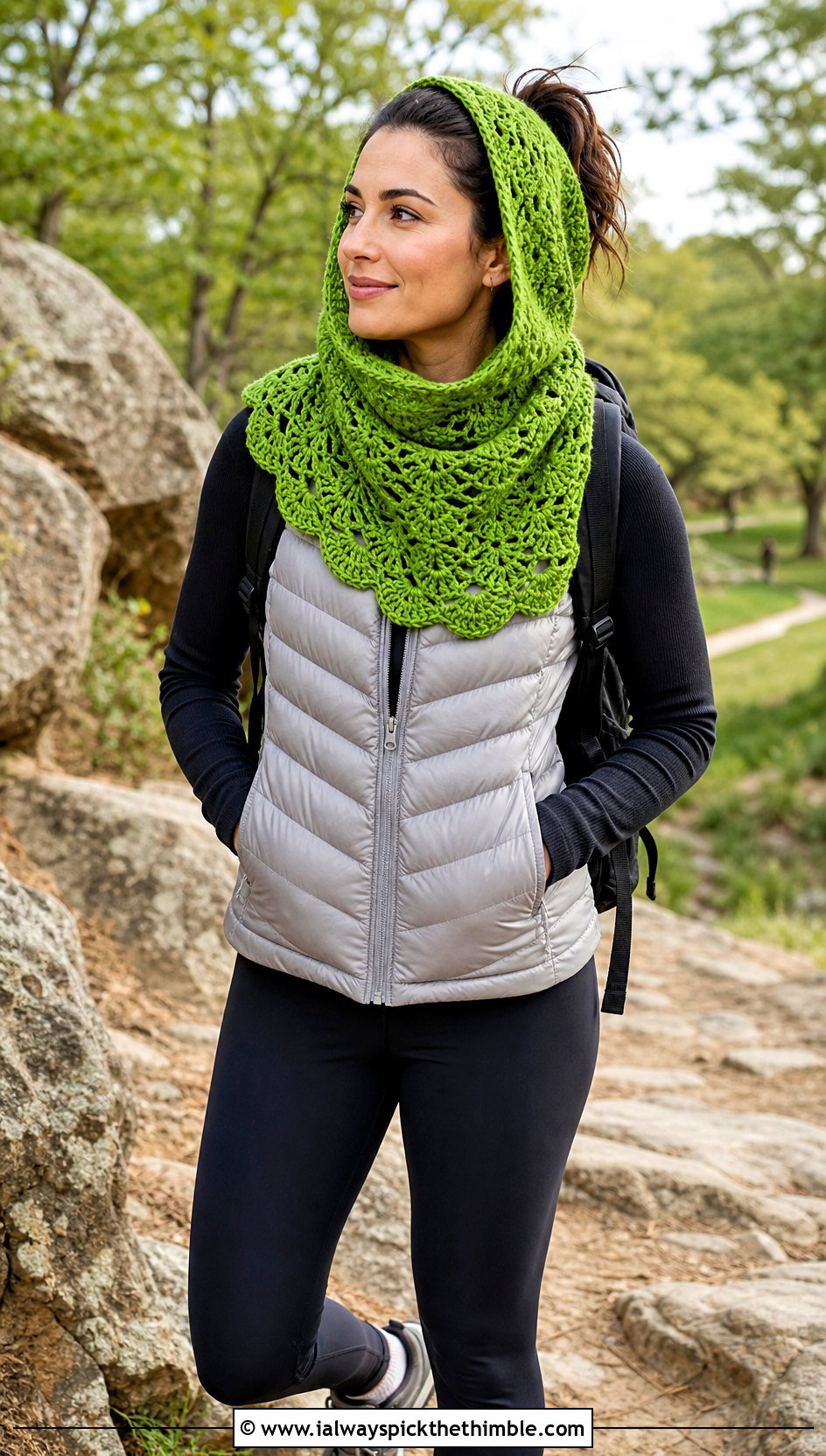 Shell Stitch Crochet Hooded Cowl With Puffer Vest - 20 easy crochet hooded cowl outfit ideas