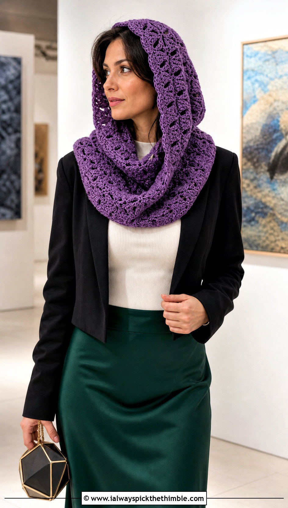 Shell Stitch Crochet Hooded Cowl With Satin Skirt - 25 crochet hooded cowl outfit ideas